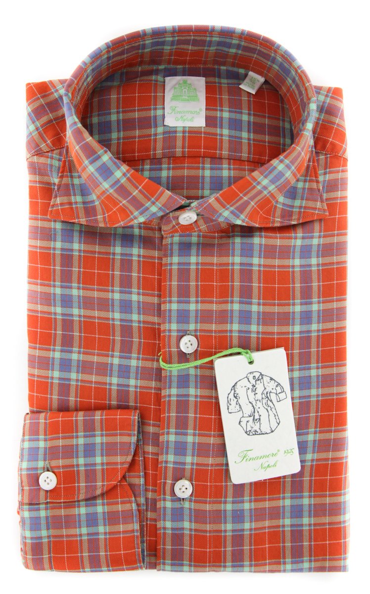 Finamore Napoli Plaid Button Down Spread Collar Cotton Extra Slim Fit Dress Shirt for Men | Business Casual & Office Wear | Premium Comfort Formal Shirt