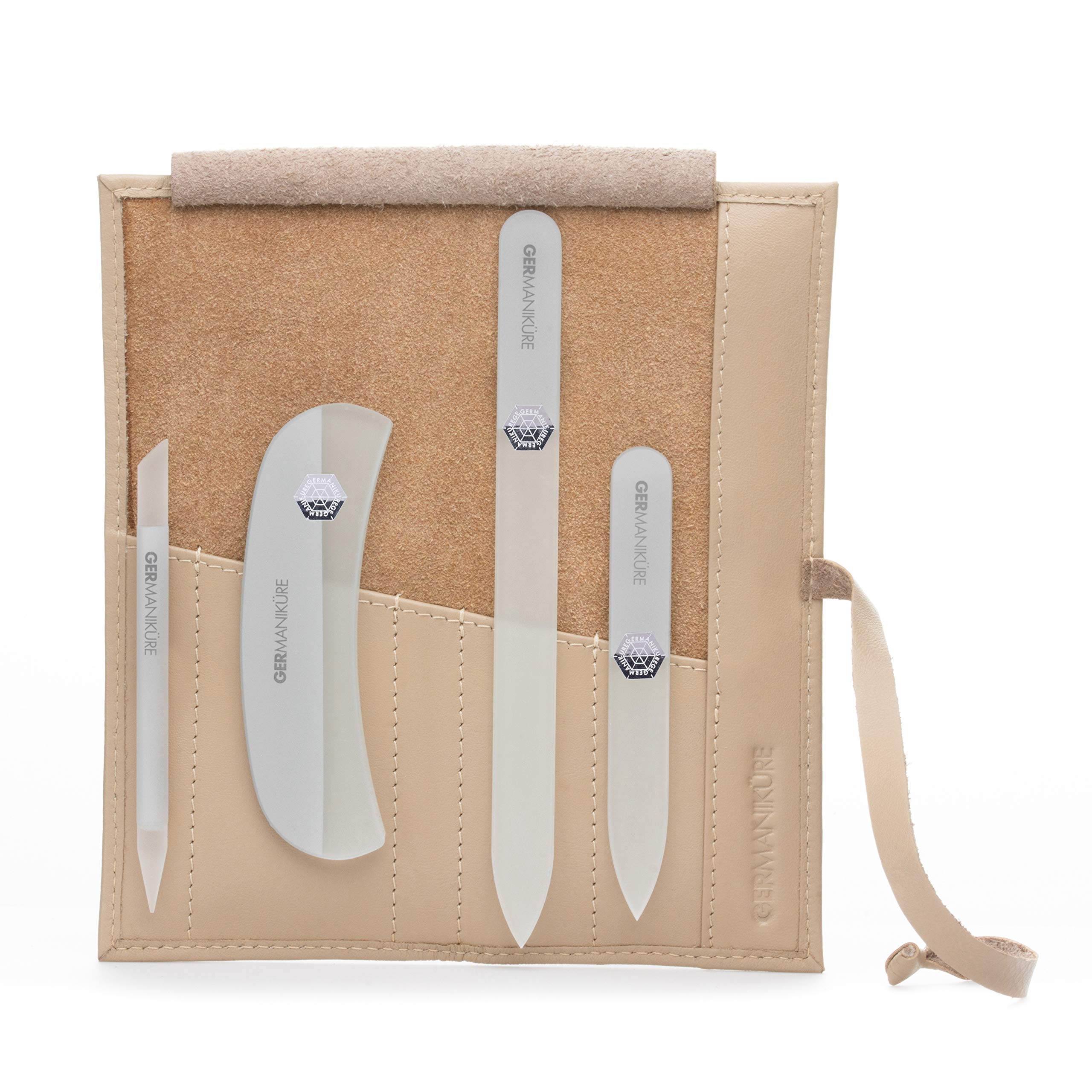 Premium Czech Glass Nail File Set with Leather Case - Professional Manicure & Pedicure Kit - Crystal Glass Cuticle Pusher & Callus Remover - Handmade in Czech Republic - Perfect for Home Salon, Travel & Gift Giving
