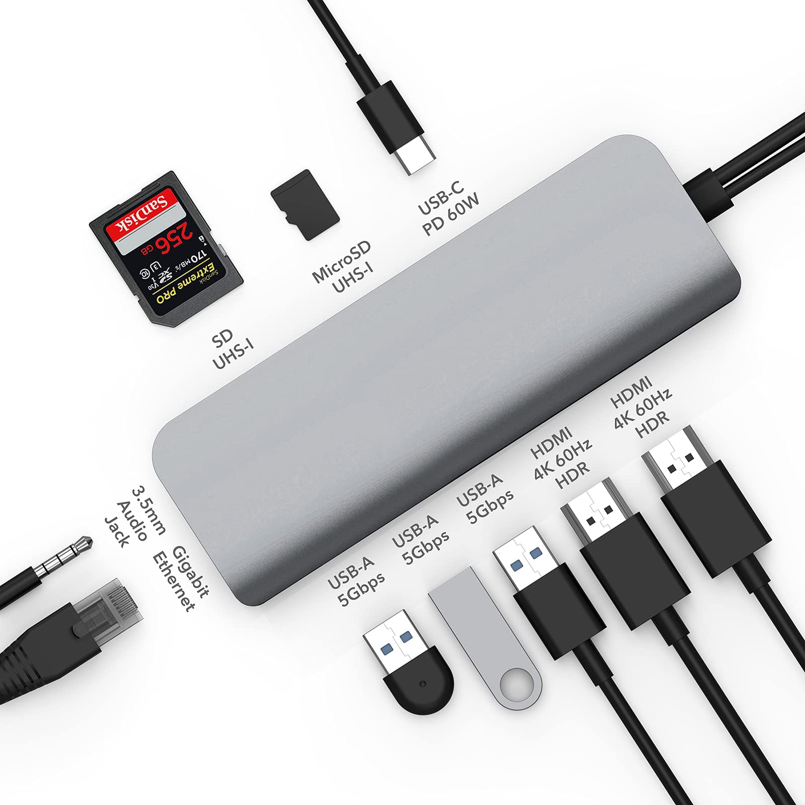 HyperDrive 10-in-2 USB C Docking Station for MacBook Pro/Air - Dual HDMI 4K@60Hz Monitor Support, 60W USB-C Power Delivery, Gigabit Ethernet, Dual USB-C Hub Adapter - Compatible with M1 MacBook, Chromebook (Gray) - Perfect for Home Office, Video Editing & Multi-Tasking