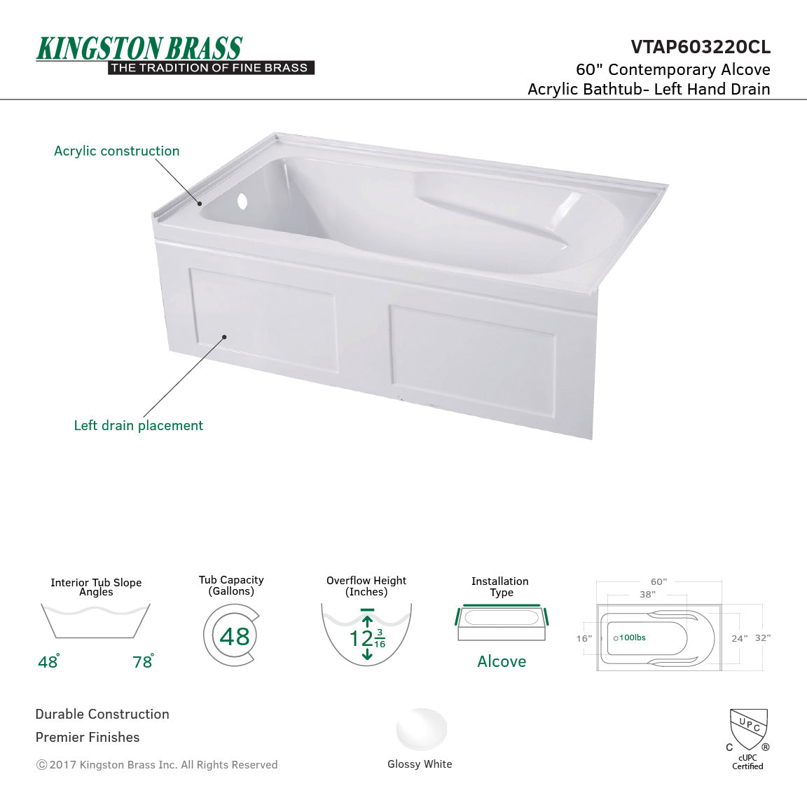 Aqua Eden VTAP603220CL 60-Inch Acrylic Rectangular 3-Wall Alcove Bathtub with Anti-Skid Surface & Left Drain Hole - Glossy White - Perfect for Modern Bathrooms & Spa-Like Relaxation