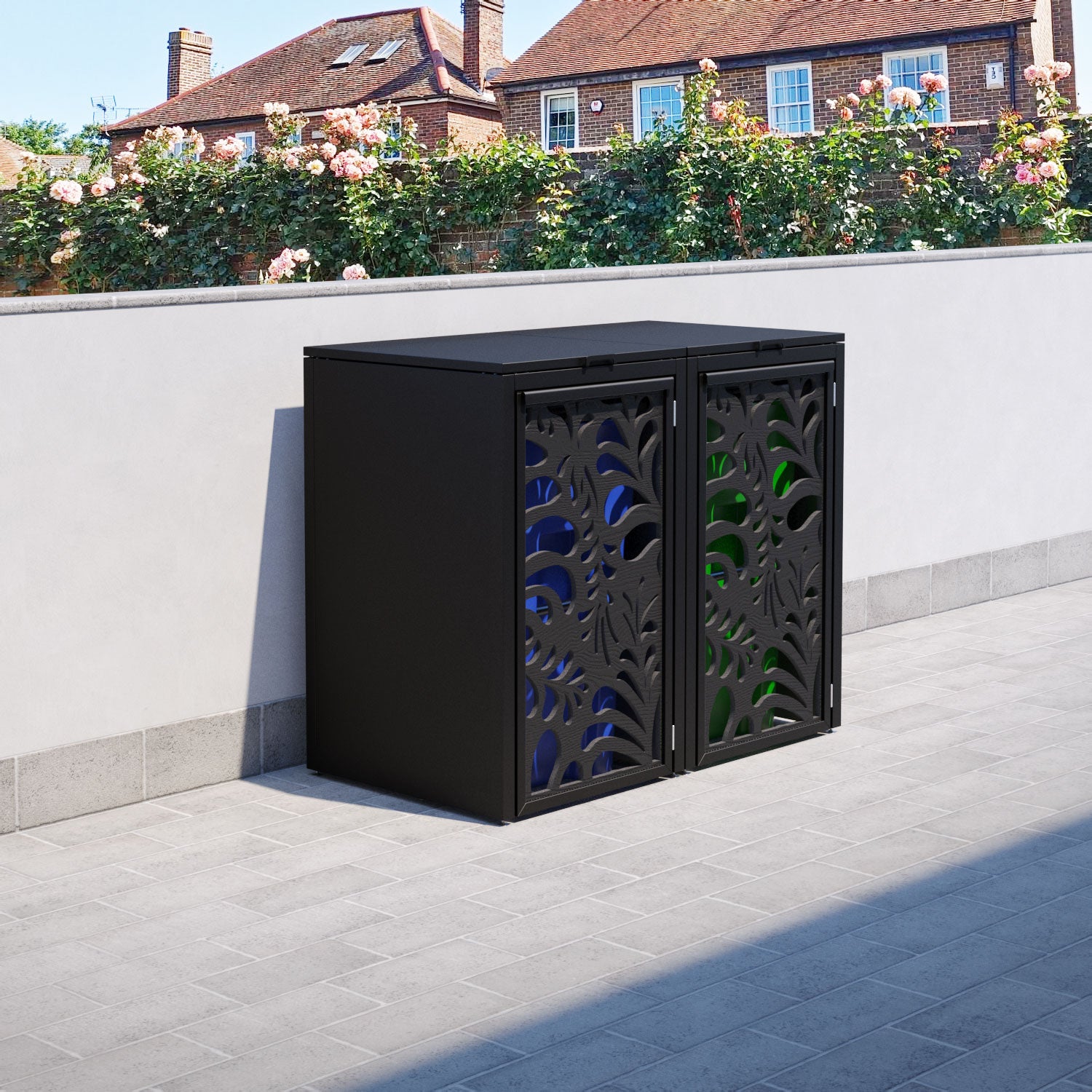 Black 2 Bin Storage Organizer with Petal Door Screen - Perfect for Kitchen, Bathroom, or Office Organization