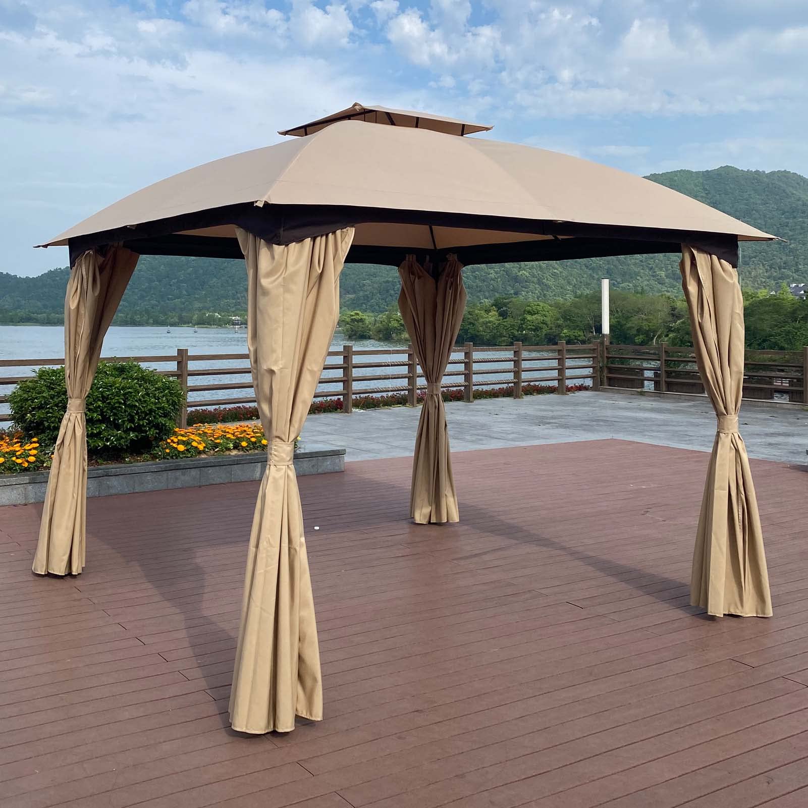 10x10 Ft Outdoor Gazebo Canopy with Curtains - Waterproof Patio Garden Tent for Shade, Backyard, Poolside & Outdoor Parties (Khaki, 10'x10') - Perfect for BBQs, Picnics, and Relaxing in Your Garden
