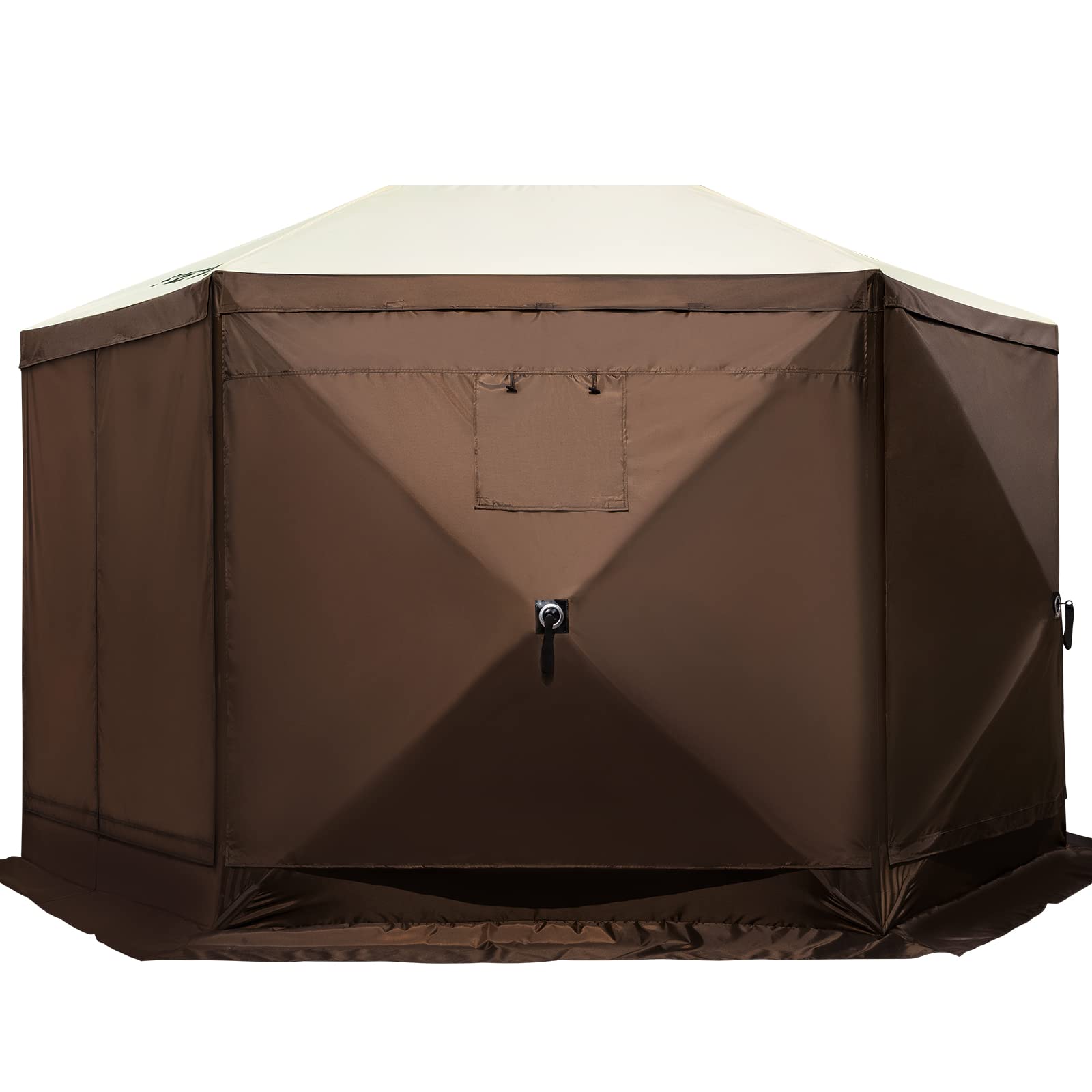 VEVOR 12x12ft 6-Sided Pop Up Canopy Tent with Mesh Windows & Carry Bag - Portable Outdoor Shade Shelter for Camping, Beach, Backyard, Picnics, Parties (Brown/Beige) - Includes Stakes & Windproof Design