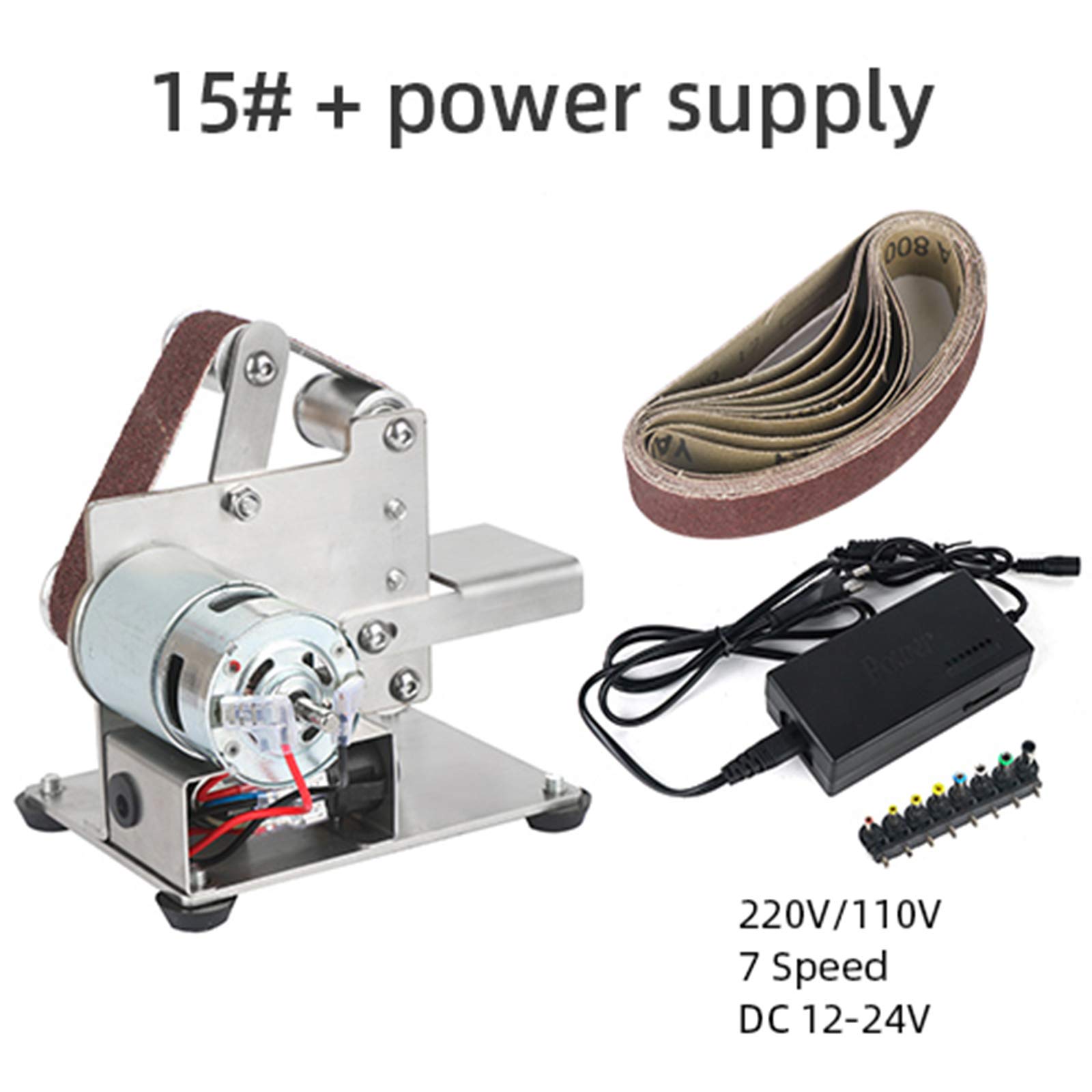 Mini Electric Belt Sander Machine 4000-9000 RPM, 7-Speed Adjustable DIY Polishing & Edge Sharpener with 5 Wrenches & 10 Sanding Belts (15mm) - Perfect for Woodworking, Metalworking, and DIY Home Projects