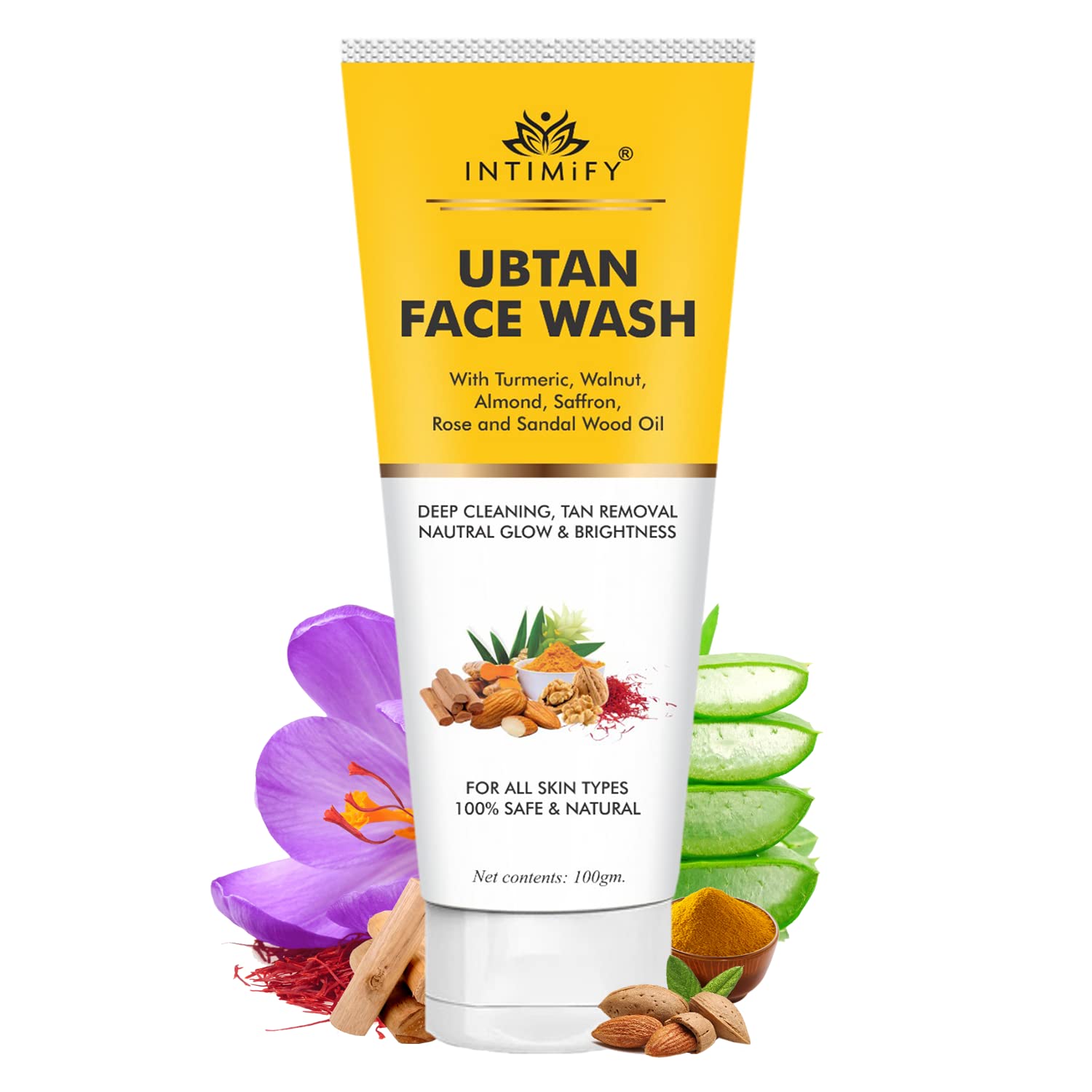 INTIMIFY Ubtan Foaming Face Wash for Tan Removal & Skin Brightening - Natural Facial Cleanser with Saffron, Turmeric & Almond Oil for Dry & Oily Skin - Whitening & Cleansing Face Wash for Women & Men - Perfect for Daily Skincare & Sun Damage Repair (100g)