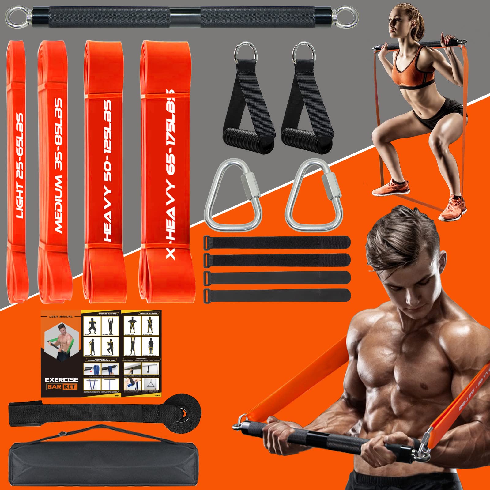 DASKING 500LBS Heavy Duty Resistance Band Bar Set with 4 Adjustable Stackable Bands - Portable Home Gym Equipment for Full Body Workout - Includes Workout Guide - Perfect for Strength Training, Muscle Building & Home Fitness