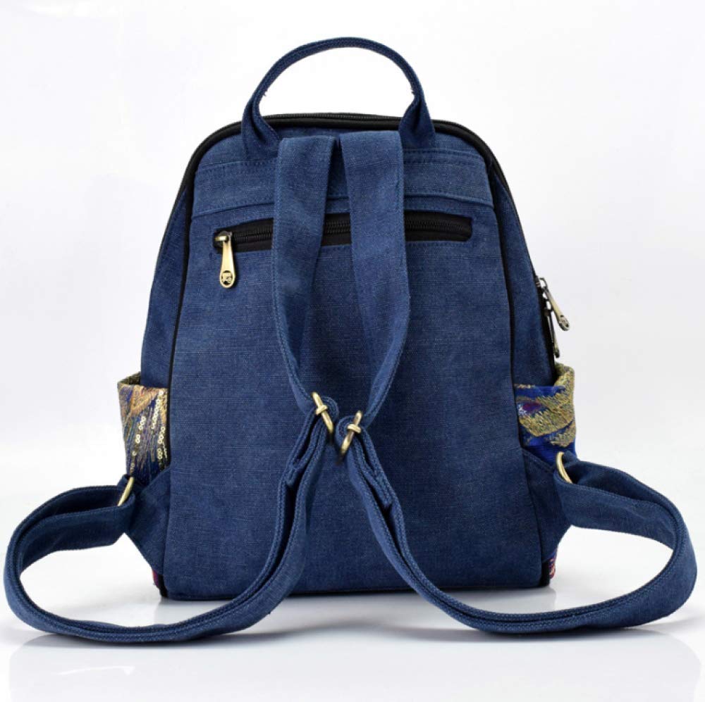 Stylish Women's Peacock Sequin Embroidered Canvas Backpack - Large Ethnic Boho Travel Bag (33×26×11cm) for College, Work & Festival Fashion Accessory