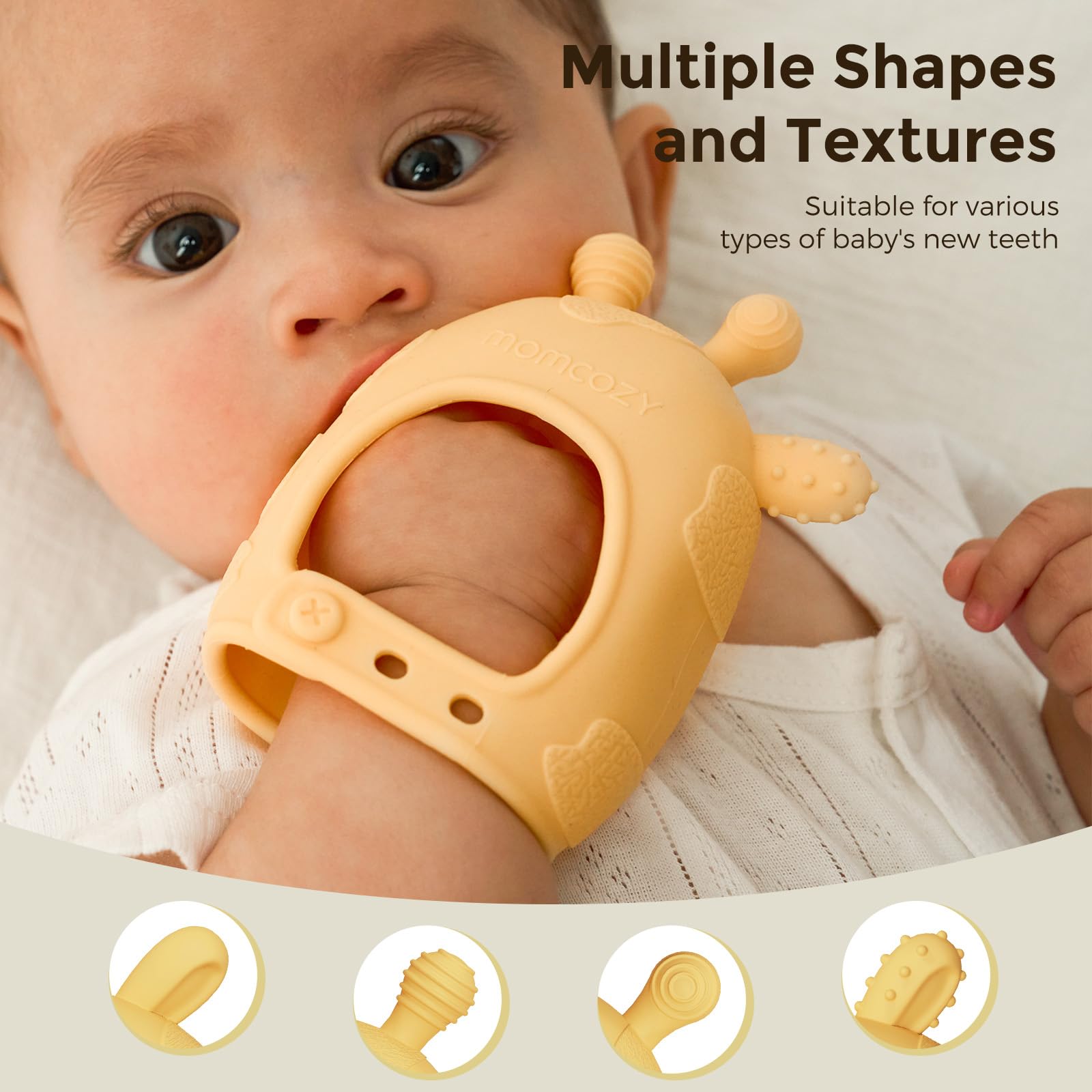 Momcozy Baby Teether Toys - Food Grade Silicone Teething Relief for Infants 0-12 Months | Safe & Soft Chewable Toy for Soothing Sore Gums | Perfect for Home, Travel & Daycare Use (Yellow)
