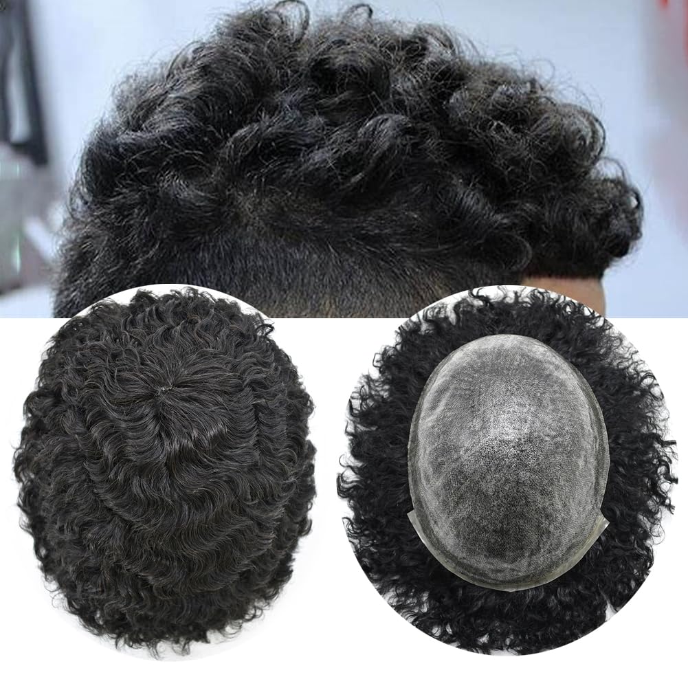 Afro Curl Toupee for Black Men - Full Poly African American Human Hair System - Injected PU Hairpiece Replacement - Kinky Curly Mens Wig - 12MM Afro Wave - 1B Natural Black - Perfect for Daily Wear, Special Occasions & Hair Loss Solutions