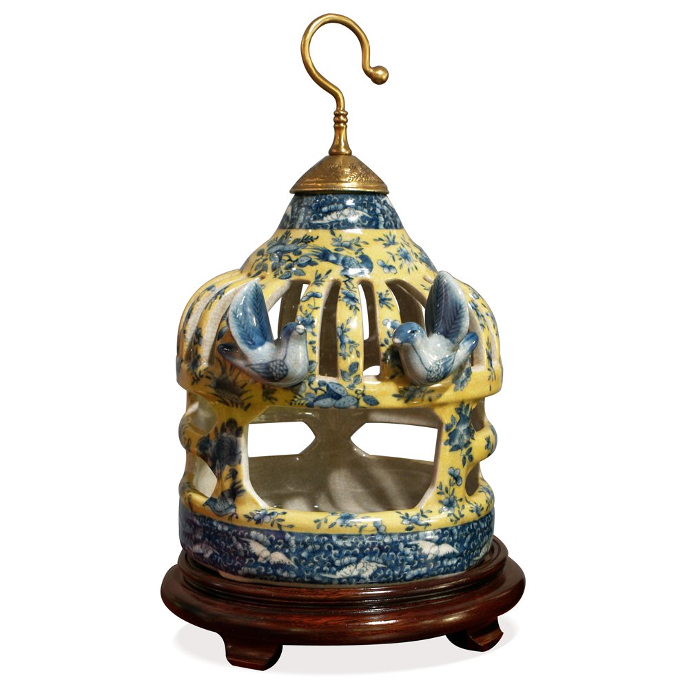 Antique Chinese Famille Jaune Porcelain Bird Cage & Asian Candle Holder - Vintage Home Decor for Living Room, Garden, or Wedding Centerpiece