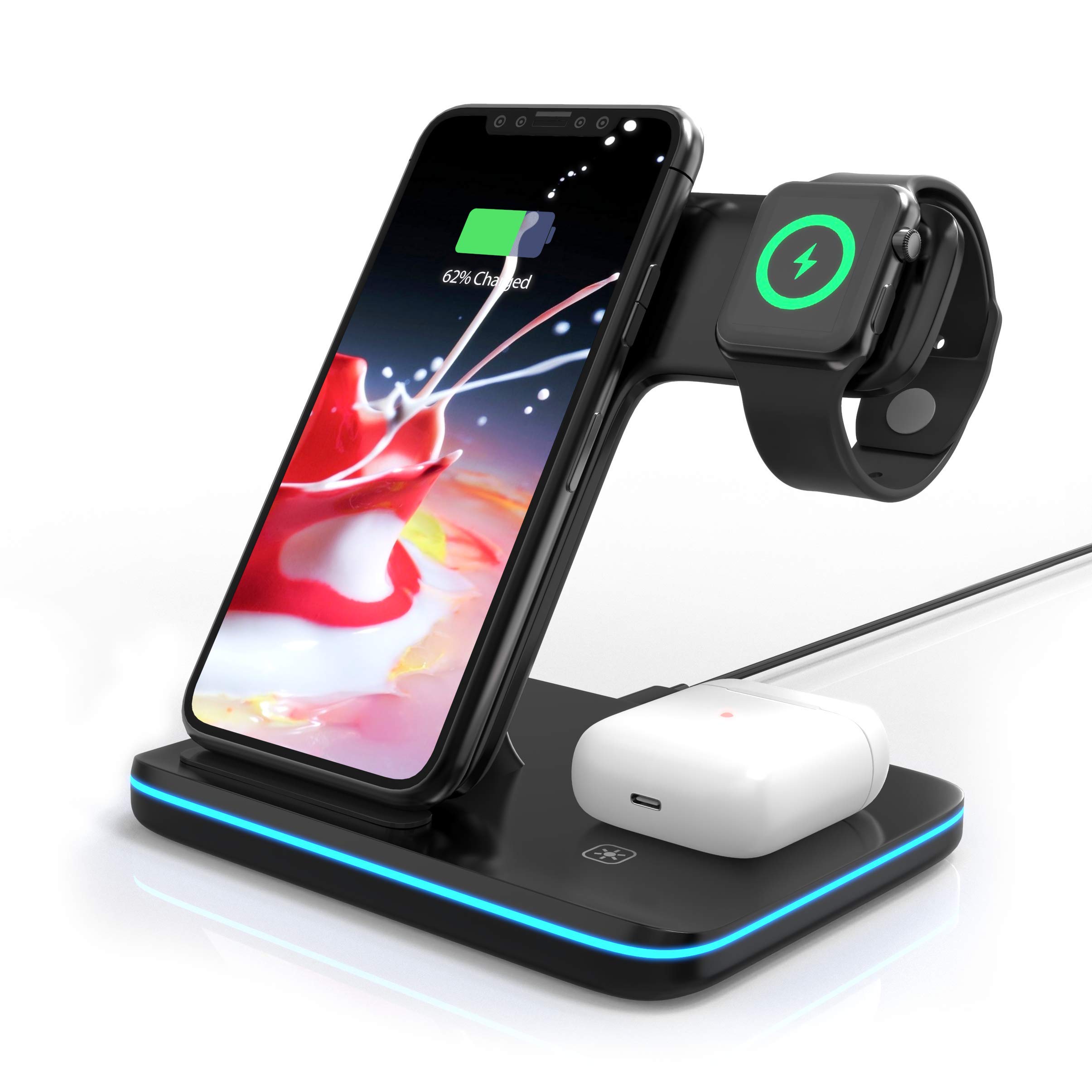 Omni Dock 3-in-1 Wireless Charging Station - 15W Fast Qi Charger Stand for iPhone, Samsung, Apple Watch & AirPods - Nightstand Organizer with Multiple Device Charging - Perfect for Bedroom, Office & Travel