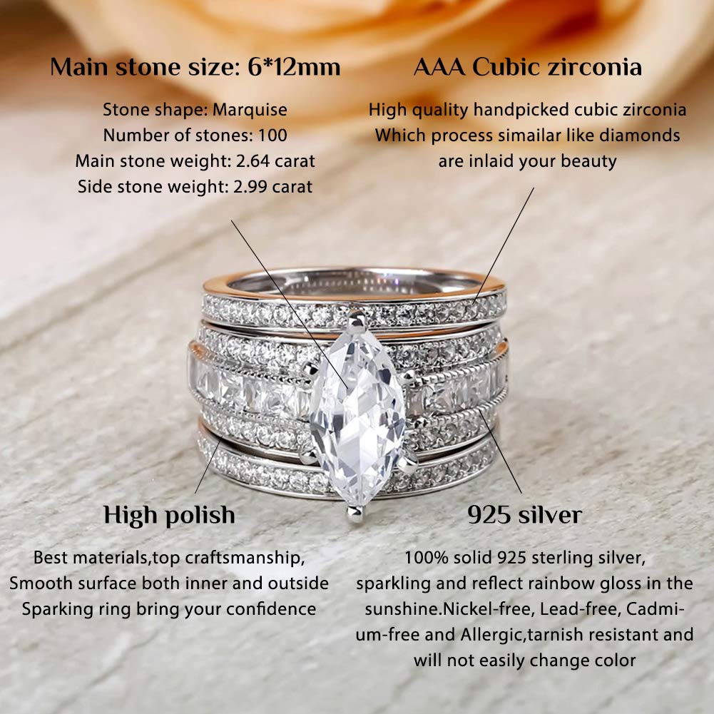2 Carat Marquise Cut Cubic Zirconia 3PC Wedding Ring Set for Women - Sterling Silver Oval CZ Engagement Rings, Bridal Set with Solitaire Diamond Anniversary Promise Rings & Jewelry Box - Perfect for Proposals, Weddings, Anniversaries & Special Occasions