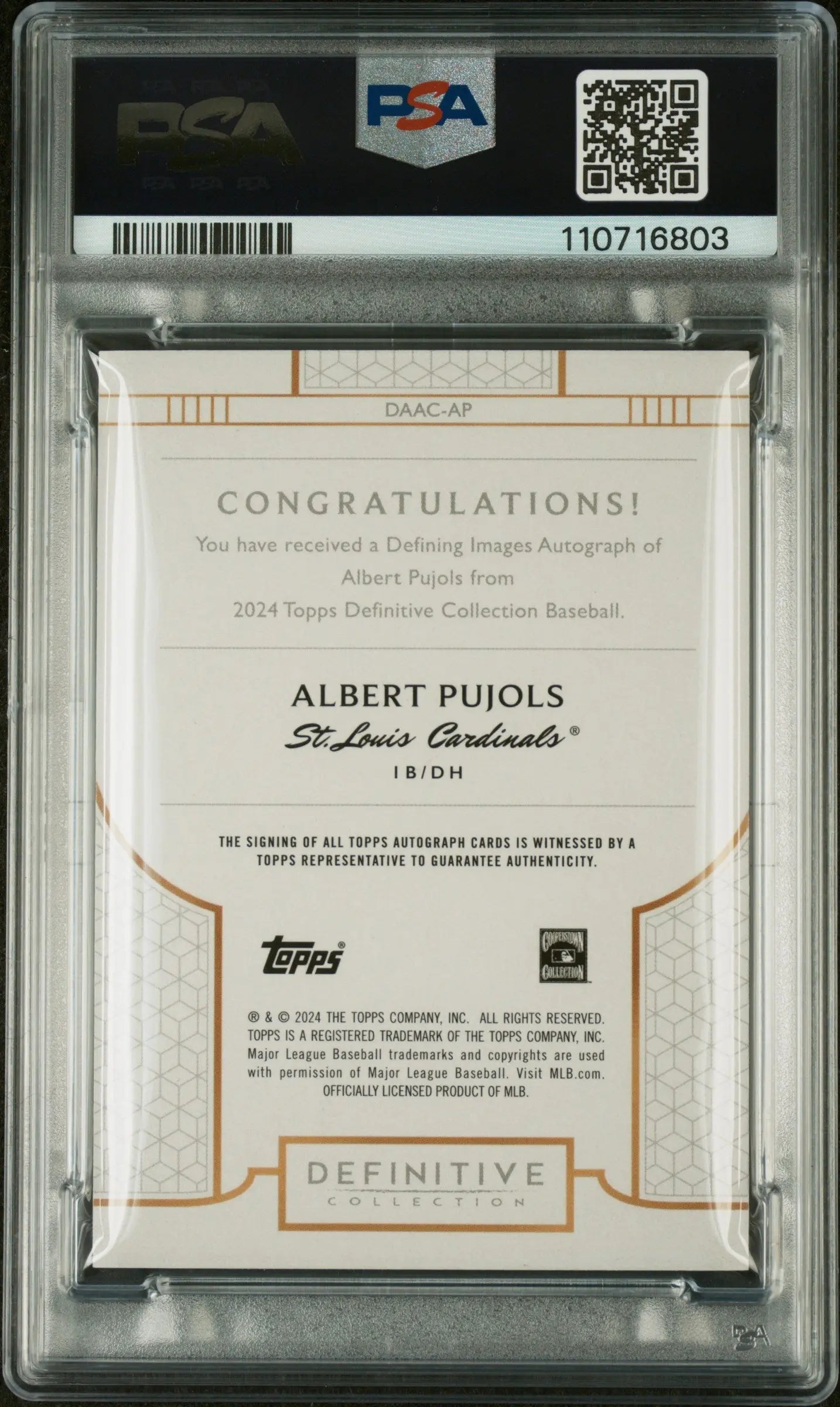 2024 Topps Definitive Baseball Defining Images Albert Pujols Autograph PSA 10 Gem Mint #/25 - Rare Collectible for Baseball Fans & Card Investors | Perfect for Display, Trading, and Memorabilia Collections