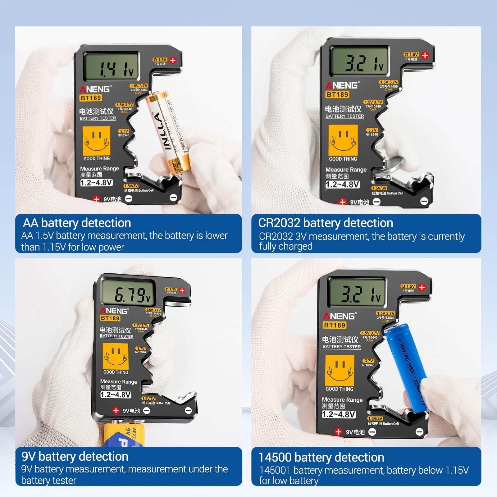 AA C-D 9V 1.5V Button Cell Battery Tester - Compact Checkered Voltage Tester for Household Batteries (Ideal for Remote Controls, Toys, Flashlights & Electronic Devices)