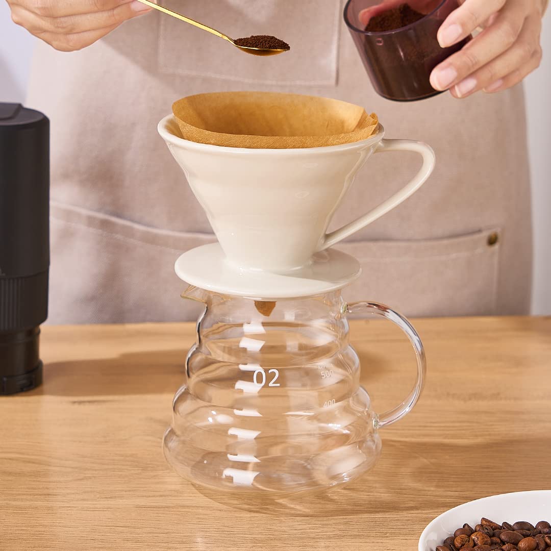YOLIFE Ceramic Pour Over Coffee Dripper - 2 Cup Coffee Maker for Home & Office Brewing - Perfect for Single Serve or Small Batch Coffee - Off White Design