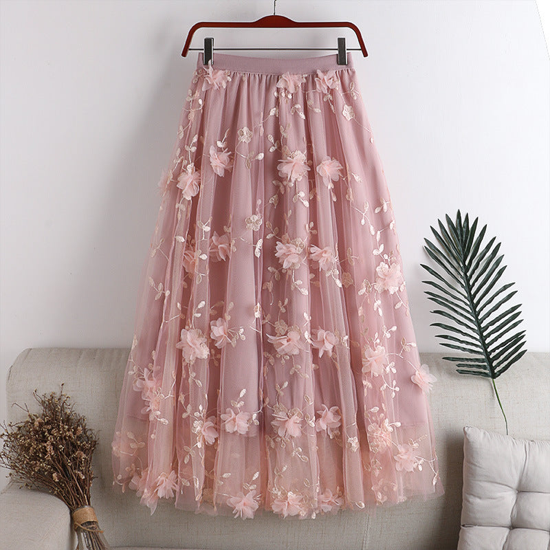 High Waist Mesh A-Line Skirt with 3D Embroidery Flowers - Flowy Midi Swing Skirt for Women - Perfect for Summer Outfits, Beach Vacations & Boho Fashion