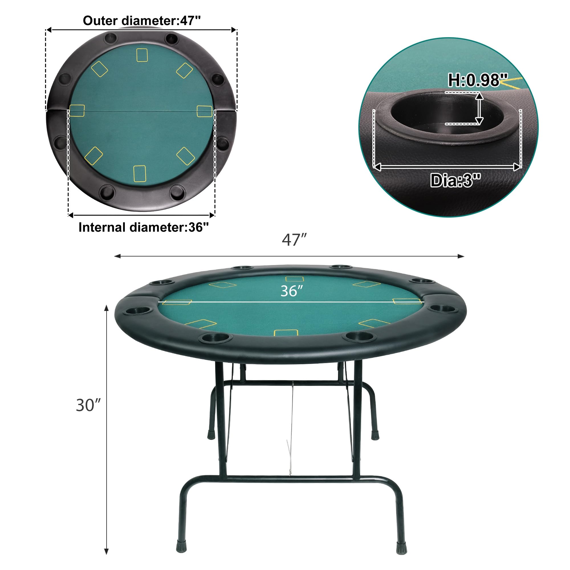 8 Player Round Foldable Poker Table - Portable Texas Hold'em & Blackjack Game Table with 8 Cup Holders, Padded Rails - Casino Style Folding Card Table for Home Games & Parties (Green) | Perfect for Poker Nights, Casino Themed Events & Family Game Gatherings