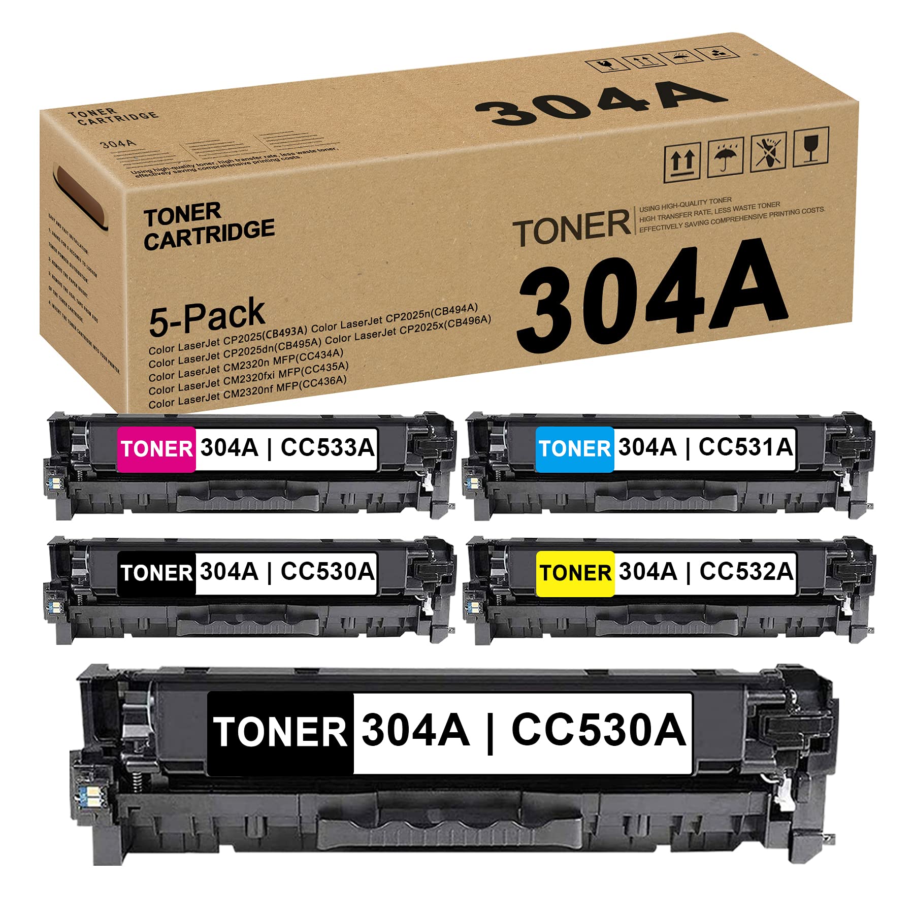 Premium 5-Pack (2BK+1C+1M+1Y) 304A Toner Cartridge Replacement for HP Color CM2320n (CC434A), CM2320nf MFP (CC436A), CP2025 (CB493A), CP2025x (CB496A) Printers - Compatible with CC530A, CC531A, CC533A, CC532A - Ideal for Office & Home Printing Needs