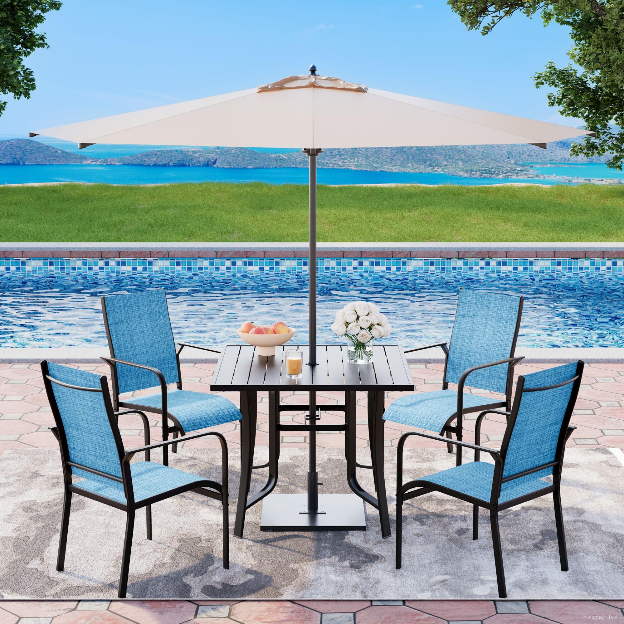 5-Piece Outdoor Patio Dining Set - Square Metal Table with 4 Textilene Chairs & Umbrella Hole - Perfect for Garden, Deck, Backyard, Balcony, Porch - Durable All-Weather Furniture for Entertaining & Relaxation