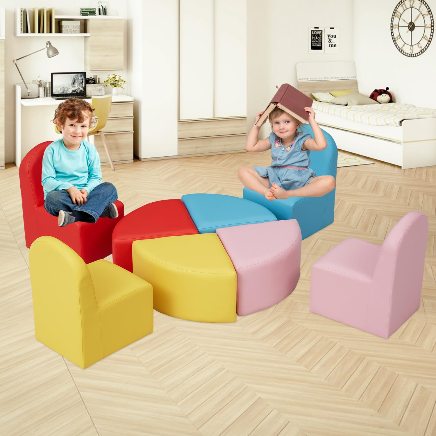 8-Piece Kids Sofa Seating Set - Colorful Cartoon Stools & Soft Foam Chairs for Toddlers, Durable Leather Play Furniture for Classroom, Kindergarten, Library & Playroom - Perfect for Group Activities, Storytime & Play Areas