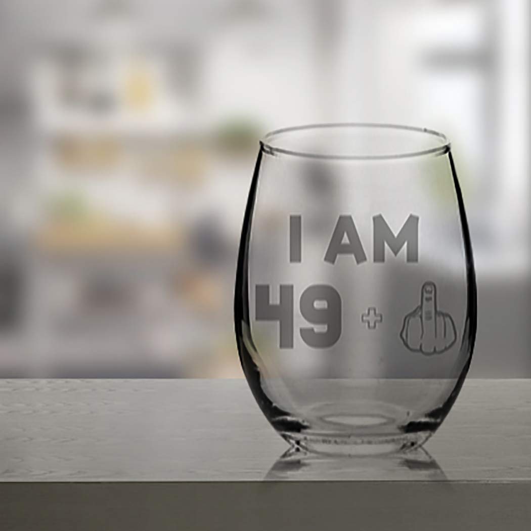 Veracco I am 49+1 Middle Finger Stemless Wine Glass - Funny 50th Birthday Gift for Men & Women - Fifty and Fabulous Novelty Glassware - Perfect for Birthday Parties, Gag Gifts & Wine Lovers (Clear Glass)