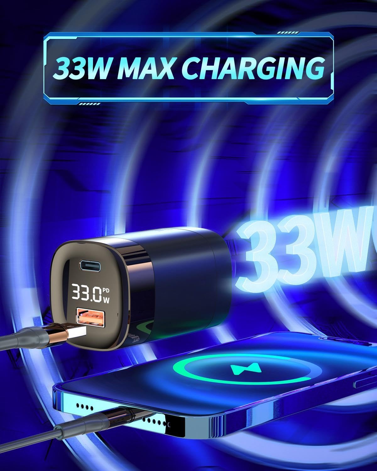 33W USB C Wall Charger - GaN Dual Port Fast Charging Block with Power Display, PPS, PD, QC 3.0 - Compatible with iPhone 16/15/14, Samsung S24/S23, iPad Air - Perfect for Home, Office & Travel Charging Needs