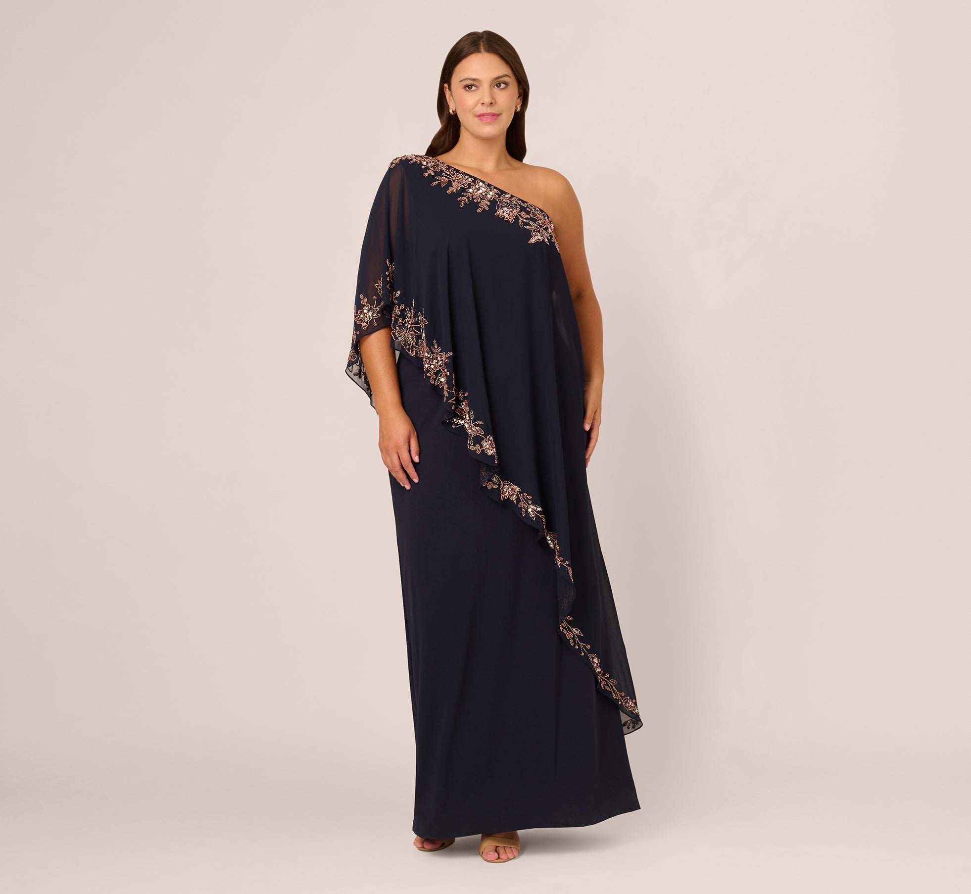 Plus Size One Shoulder Beaded Chiffon Cape Dress for Women - Navy & Rose Gold Formal Gown for Evening Party, Prom, Wedding Guest & Special Occasions
