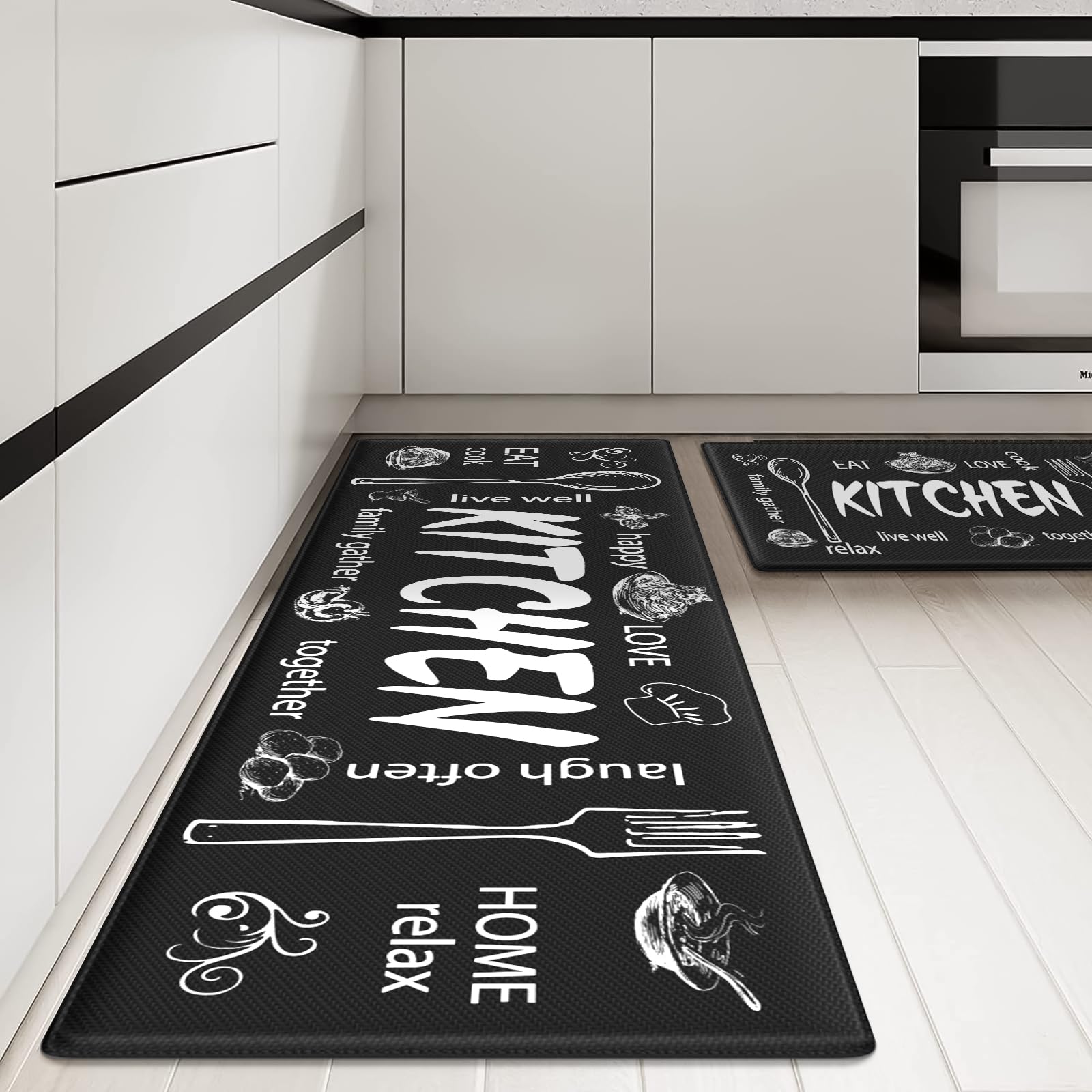 KIMODE Anti-Fatigue Kitchen Mats Set of 2 - Non-Slip Waterproof Farmhouse Style Floor Rugs with Ergonomic Cushioning for Comfortable Standing - Perfect for Home Kitchen, Laundry Room, Office, Sink Area & Under Desk (Black)