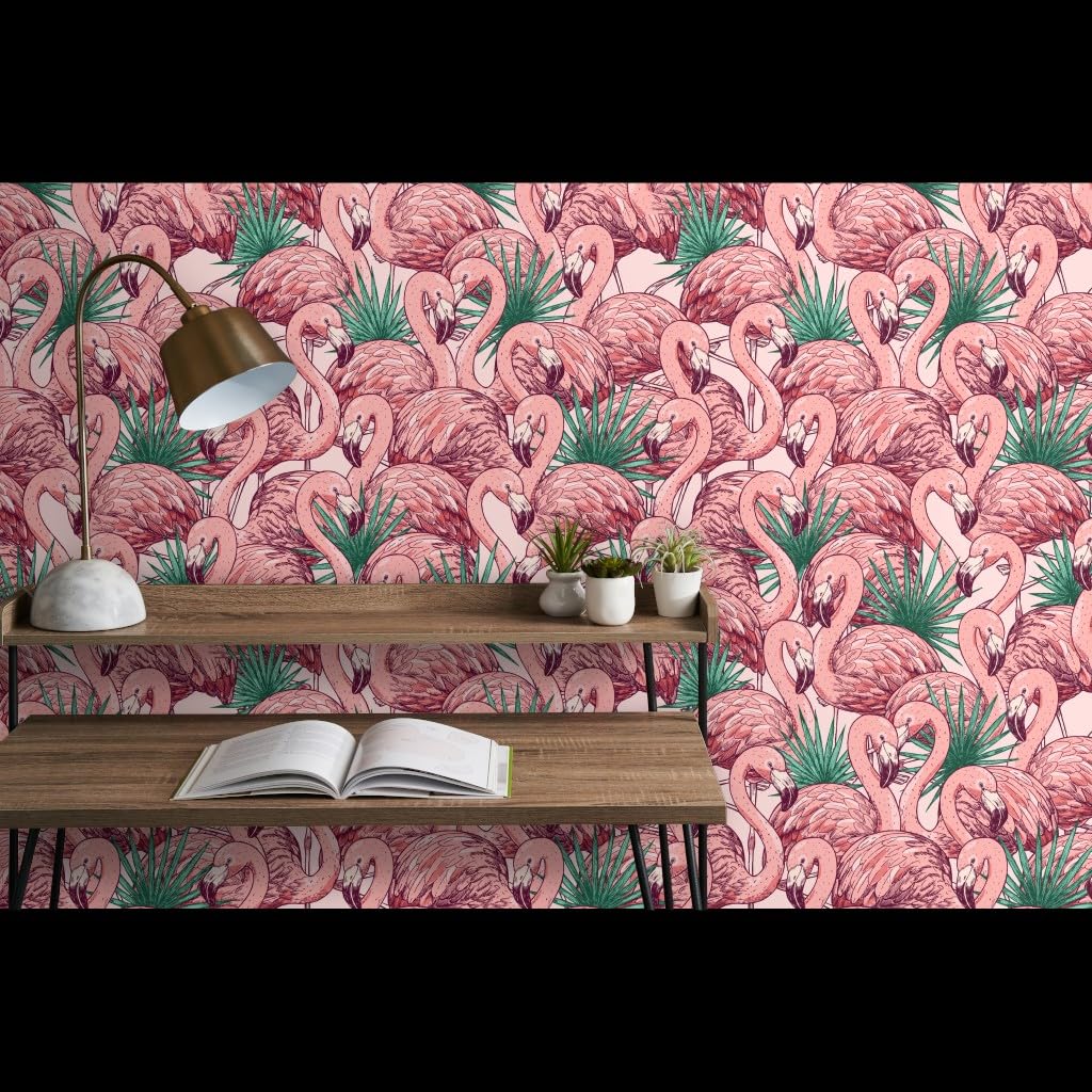 Premium Flamingo Wallpaper - 27ft x 2ft Commercial Grade Tropical Bird Design for Bedroom, Bathroom & Living Room Decor | Pink Summer Beach Theme Traditional Peel & Stick Wall Mural