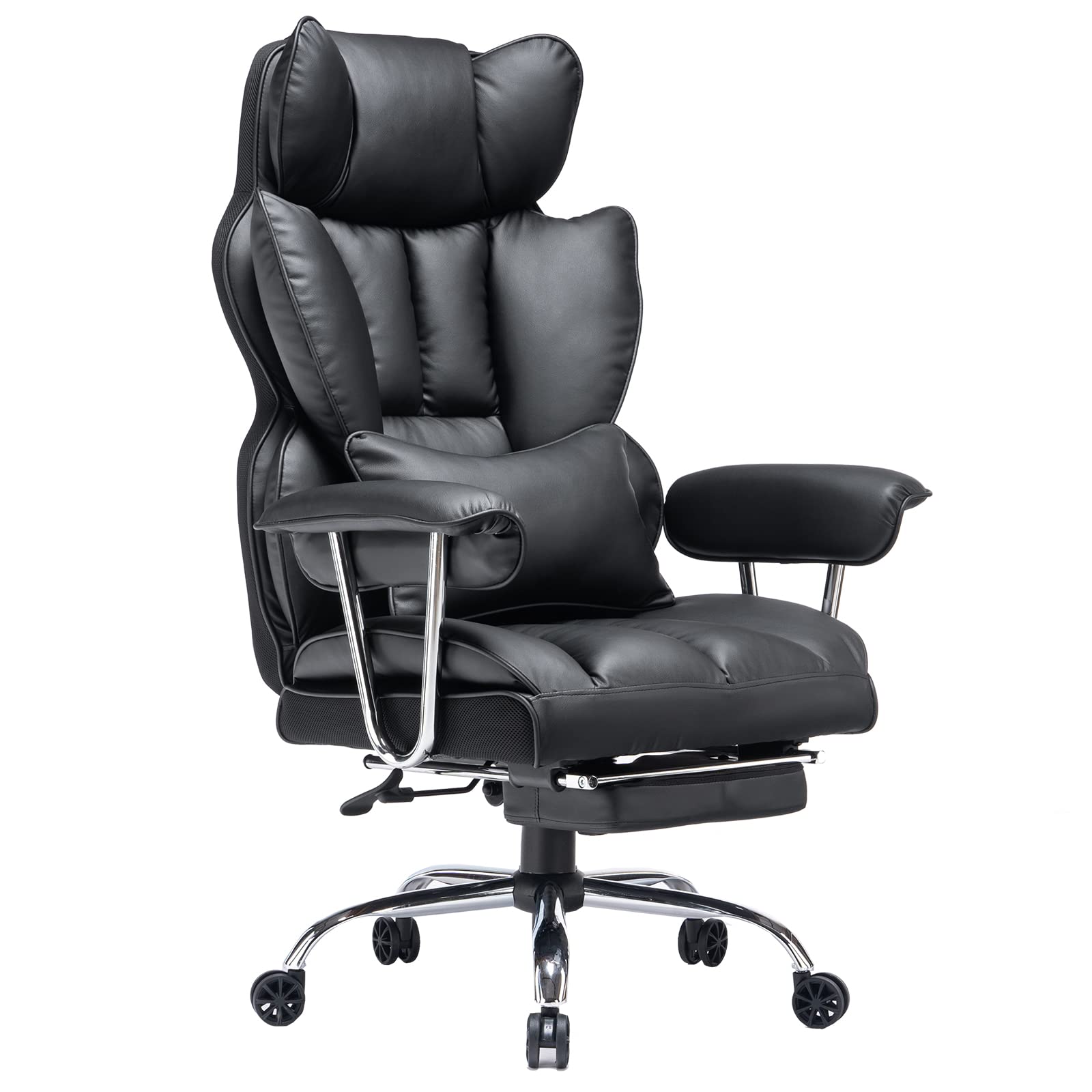 Efomao 400LBS Heavy Duty Office Chair - Big and Tall Executive PU Leather Computer Desk Chair with Adjustable Lumbar Support & Footrest - Ergonomic Black Office Chair for Home, Gaming, and Workspaces