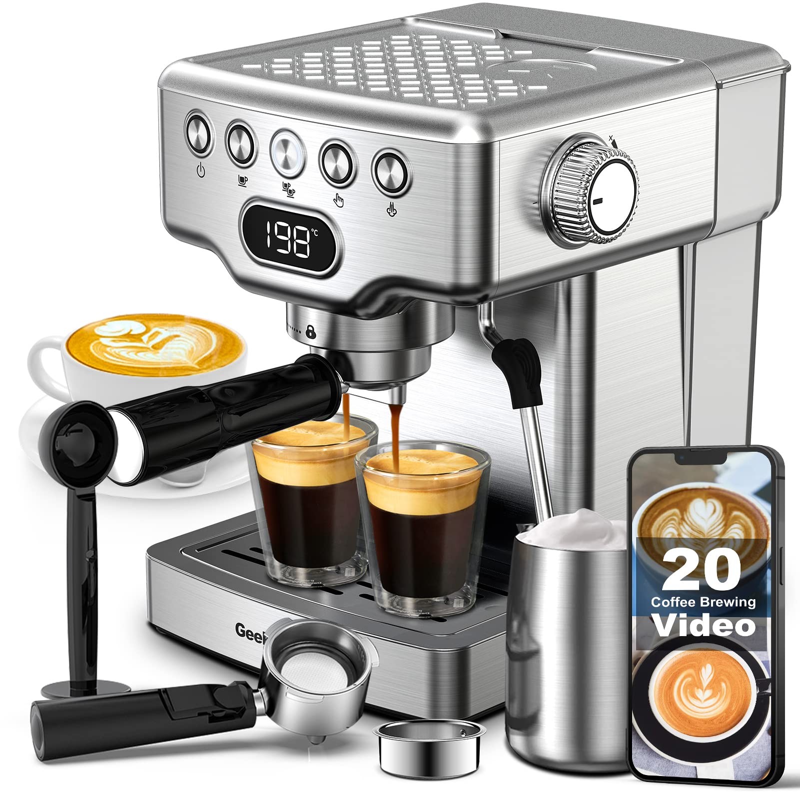 Geek Chef 20 Bar Espresso Coffee Maker with Milk Frother - Fast Heating Automatic Cappuccino & Latte Machine, 1.8L Stainless Steel Water Tank & Temperature Display - Perfect for Home, Office & Coffee Shops