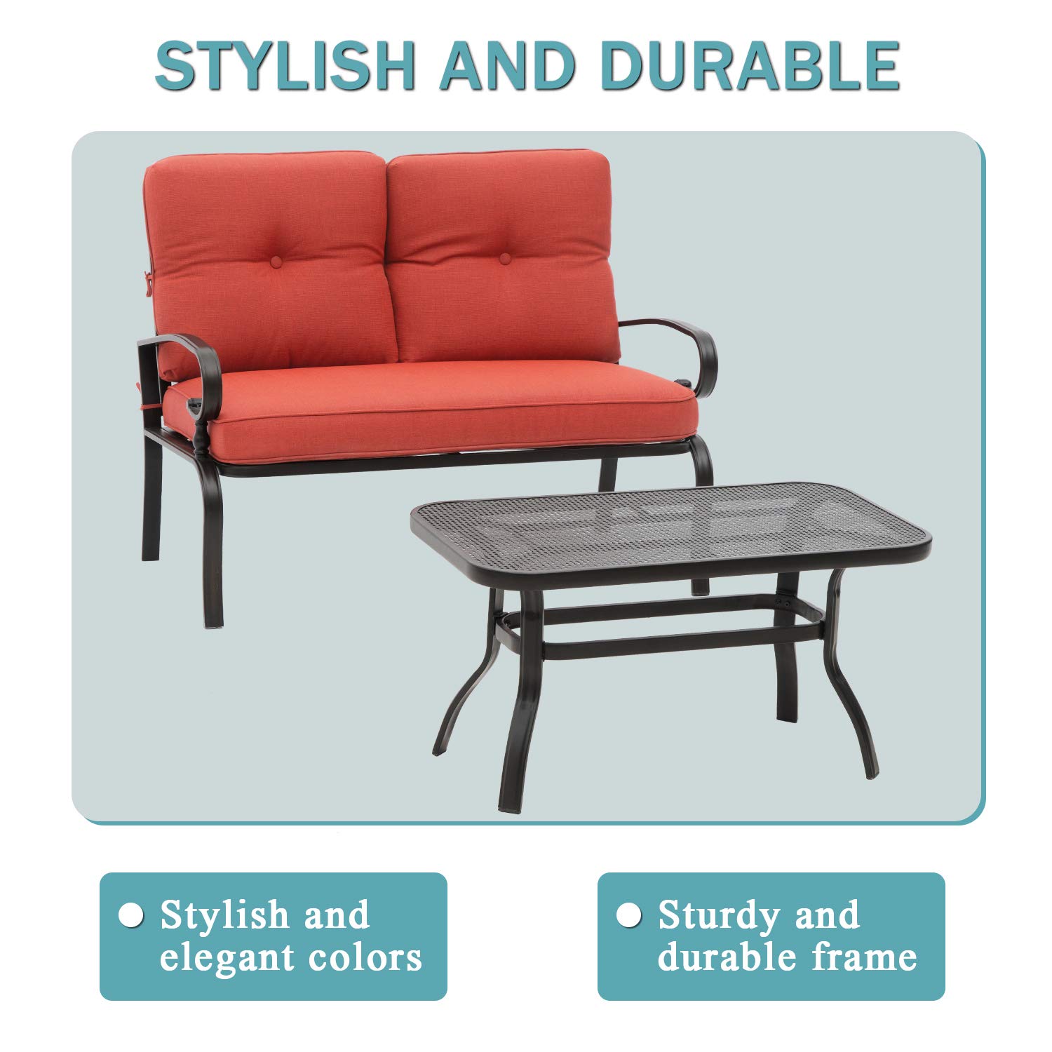 SOLAURA 2-Piece Outdoor Loveseat Set with Coffee Table - Wrought Iron Frame & Red Cushions - Patio Garden Bench Sofa for Backyard, Poolside, and Terrace Relaxation