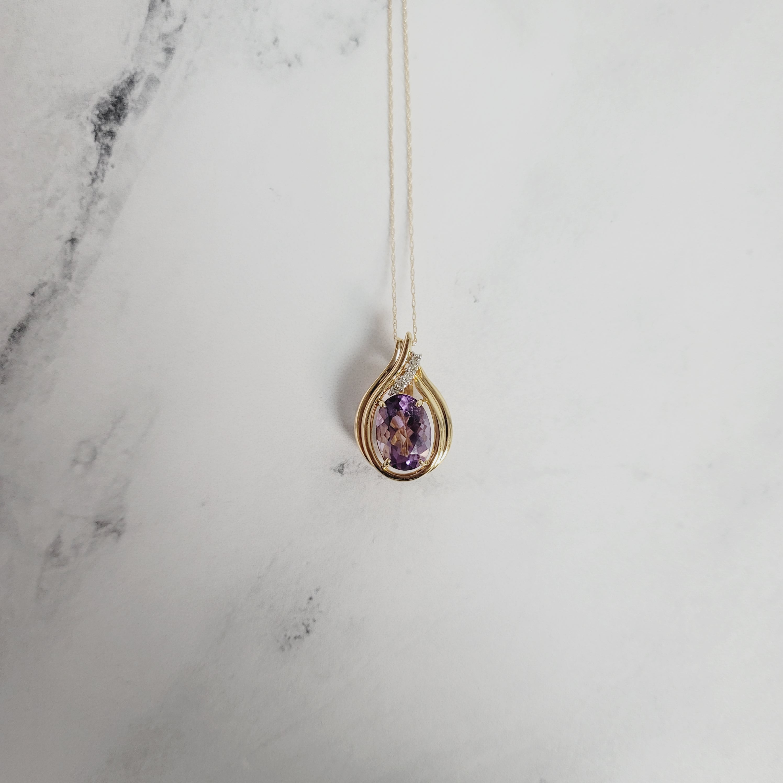 14K Yellow Gold Teardrop Oval Amethyst Necklace with Diamond Accents | Elegant Jewelry for Women | Perfect for Weddings, Anniversaries & Special Occasions