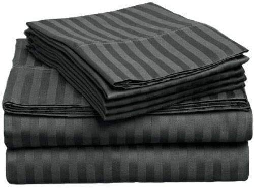Premium 600 Thread Count 100% Long Staple Cotton Twin XL Sheet Set - 4 Piece Dark Grey Stripe Bedding, Deep Pocket Fits Mattress Up to 15