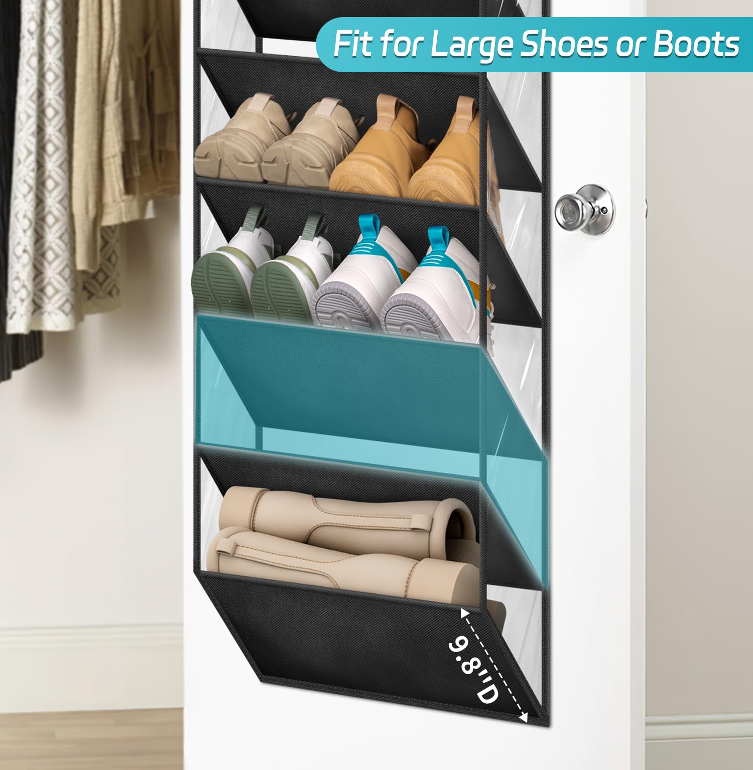 AOODA 10-Tier Clear Over The Door Shoe Organizer - Large Hanging Shoe Rack with Deep Pockets for Sneakers, Boots & Sandals - Fits 20 Pairs - Space Saving Closet Storage Solution for Bedroom, Dorm & Apartment (Black)