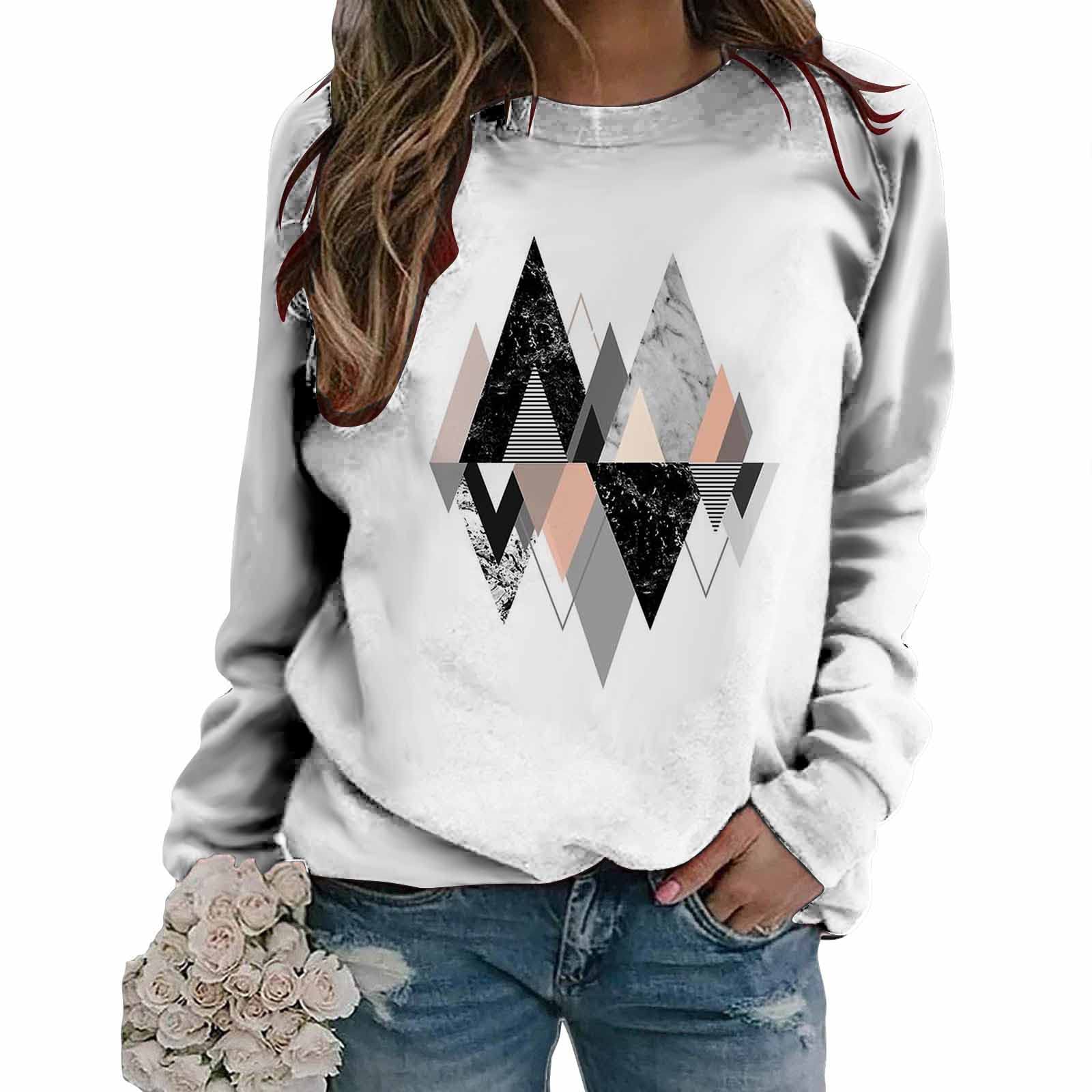 Women's Casual Long Sleeve T-Shirt - Round Neck Loose Fit Blouse with Geometric Print - Comfortable Pullover Sweatshirt for Everyday Wear, Work & Outfits
