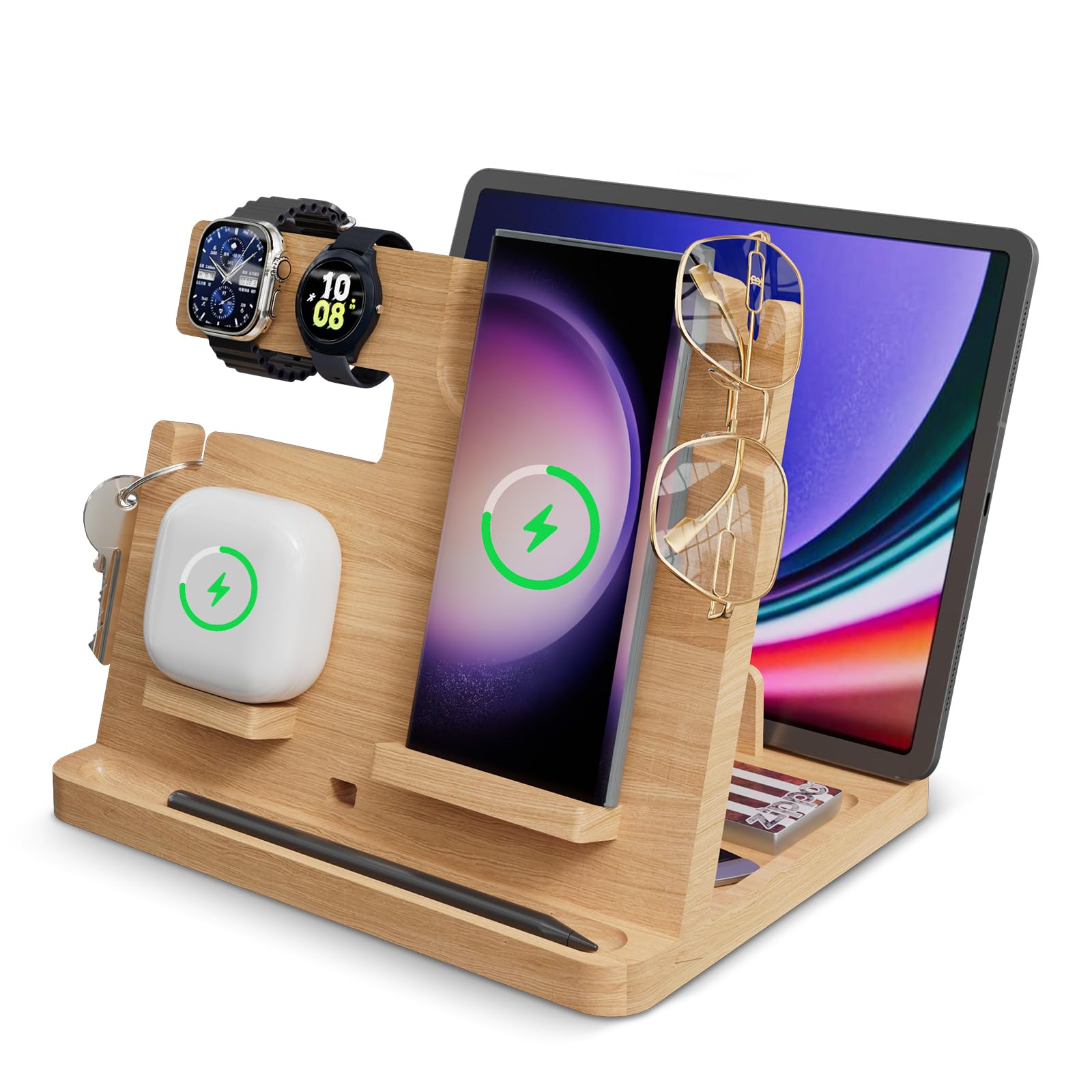 Bamboo Wireless Charger Stand for Samsung Galaxy Z Flip Fold 4 S24 S23 Ultra S22 S21 S20 - 3-in-1 Fast Charging Station for Phone, Earbuds & Galaxy Watch 5/4/3 | Eco-Friendly Bamboo Organizer | Perfect Gift for Tech Lovers | Home Office Desk Accessory