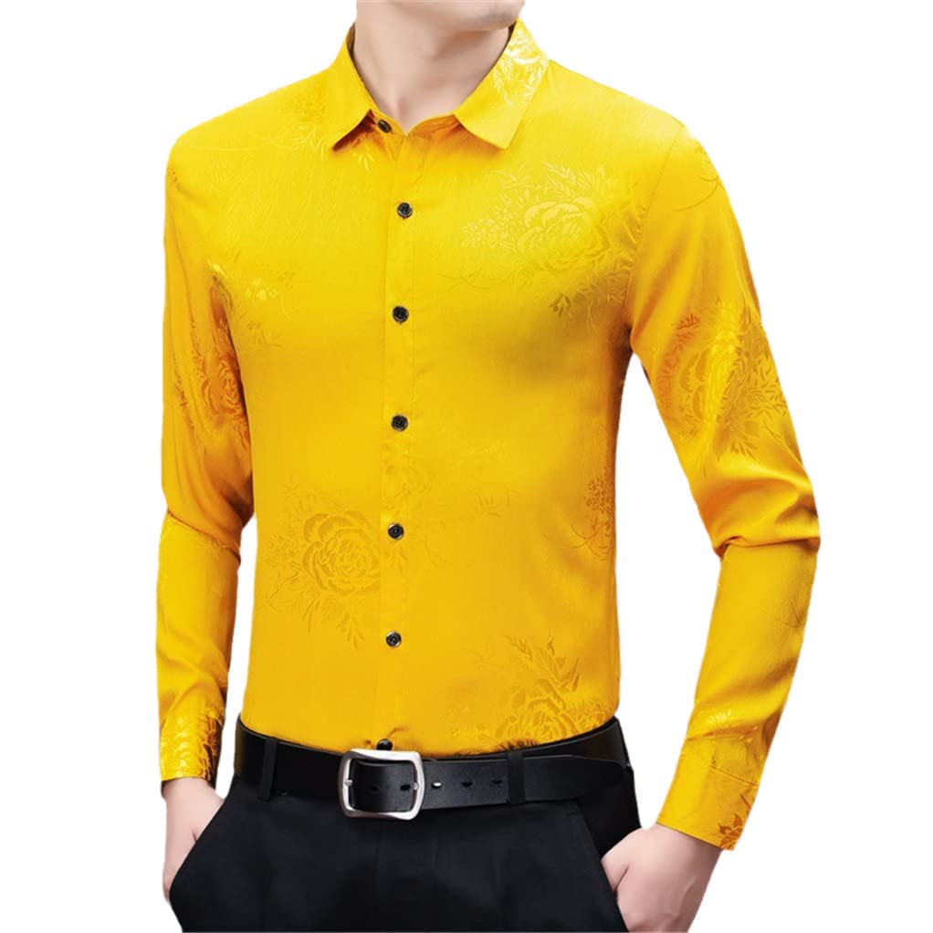 Silk Satin Dress Shirt for Men - Floral Printed Slim Fit Long Sleeve Casual Shirt | Soft & Comfortable for Office, Party & Formal Occasions