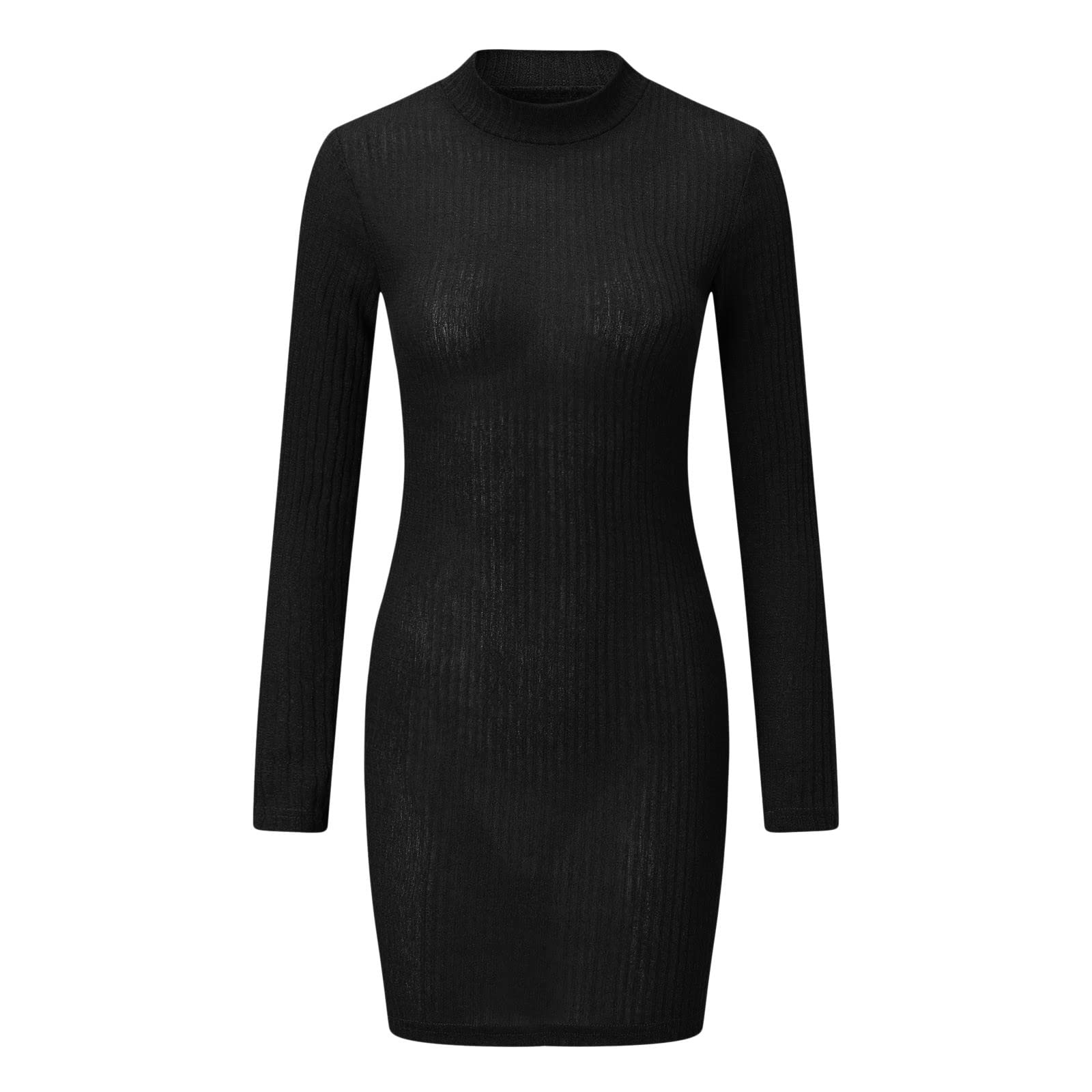 Women's High Neck Long Sleeve Knit Bodycon Dress - Solid Color Slim Fit Wrap Waist Casual Dress for Work, Date Night & Holiday Parties