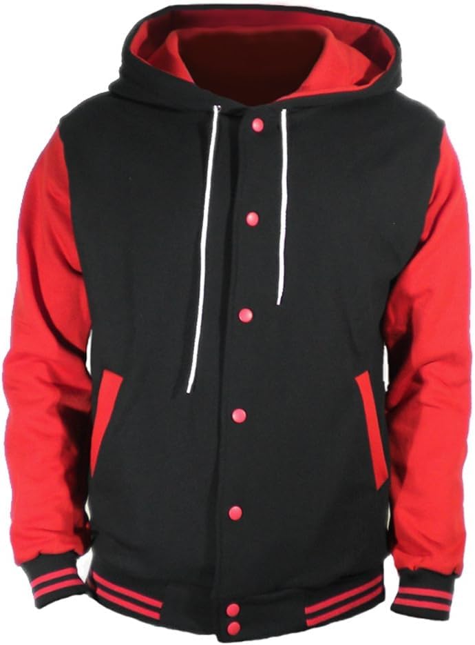 Men's Cotton Hoodie Varsity Baseball Jacket - Red 4XL - Casual Streetwear for Sports & Everyday Wear
