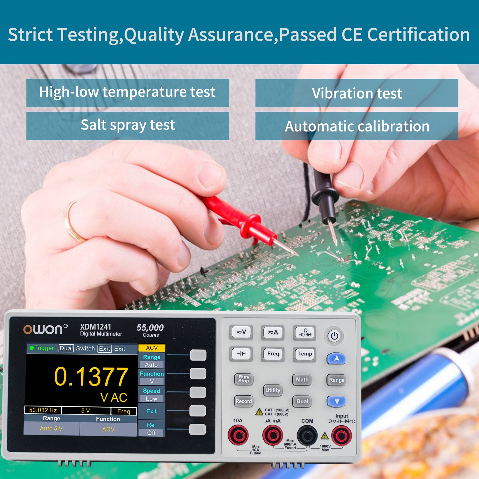 OWON XDM1241 Portable Digital Multimeter - 3.5in LCD True RMS Meter with 55000 Counts, Temperature Measurement for Electronics, Labs & Factories | Ideal for Electricians, Engineers & DIY Home Repairs
