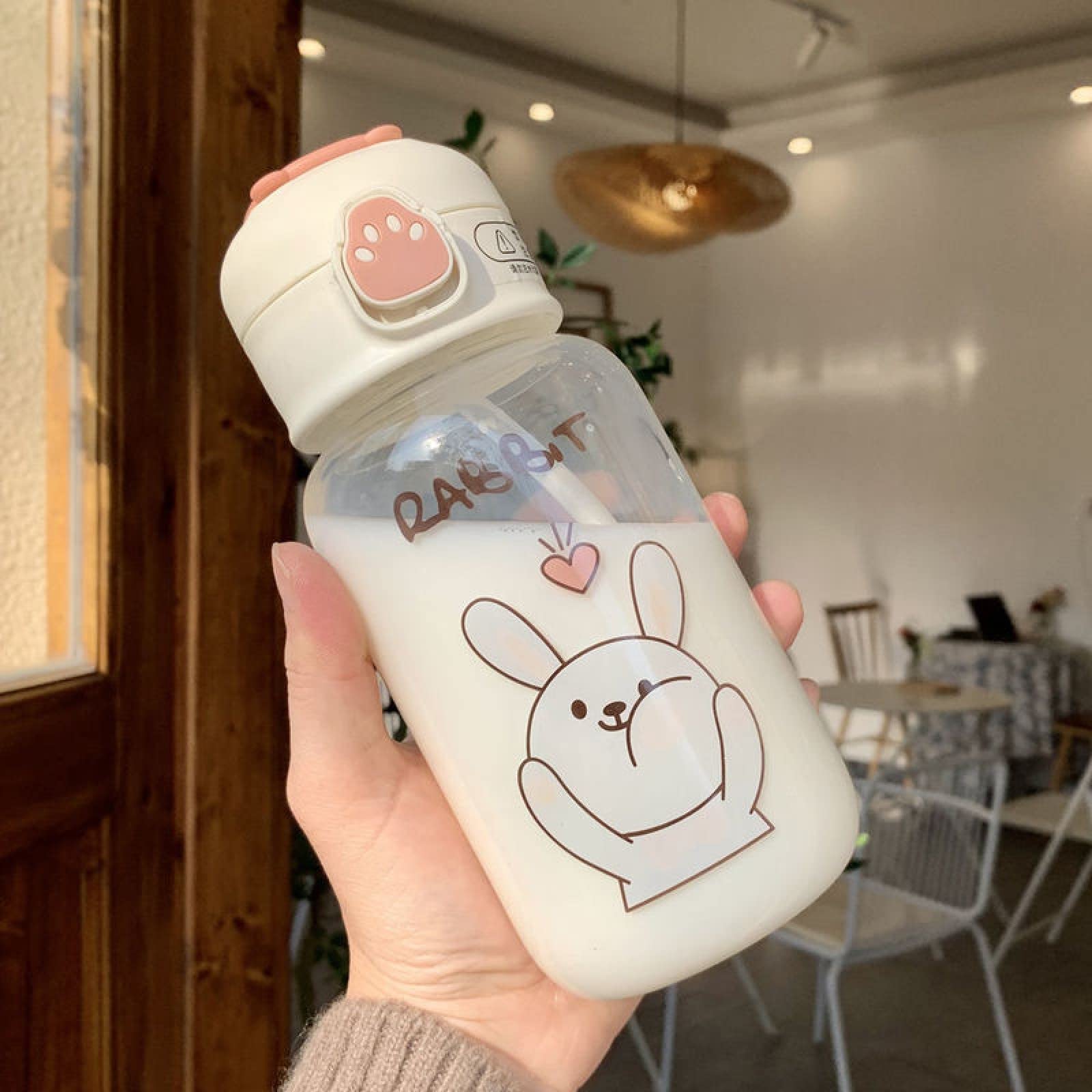 BXCNCKD Kawaii Bunny Glass Water Bottle with Straw & Portable Strap - 500ml Cute Safety Water Bottle for Kids, School, Gym & Outdoor Activities