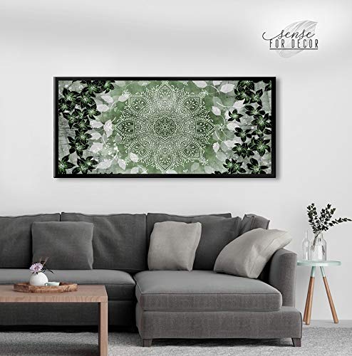 Boho Floral Mandala Wall Art - Large Canvas Wall Decor for Bedroom, Living Room | Modern Bohemian Floral Pattern Poster with Floating Frame (Green & Black, 42x19 Inches) | Perfect for Home, Office & Meditation Space Decor