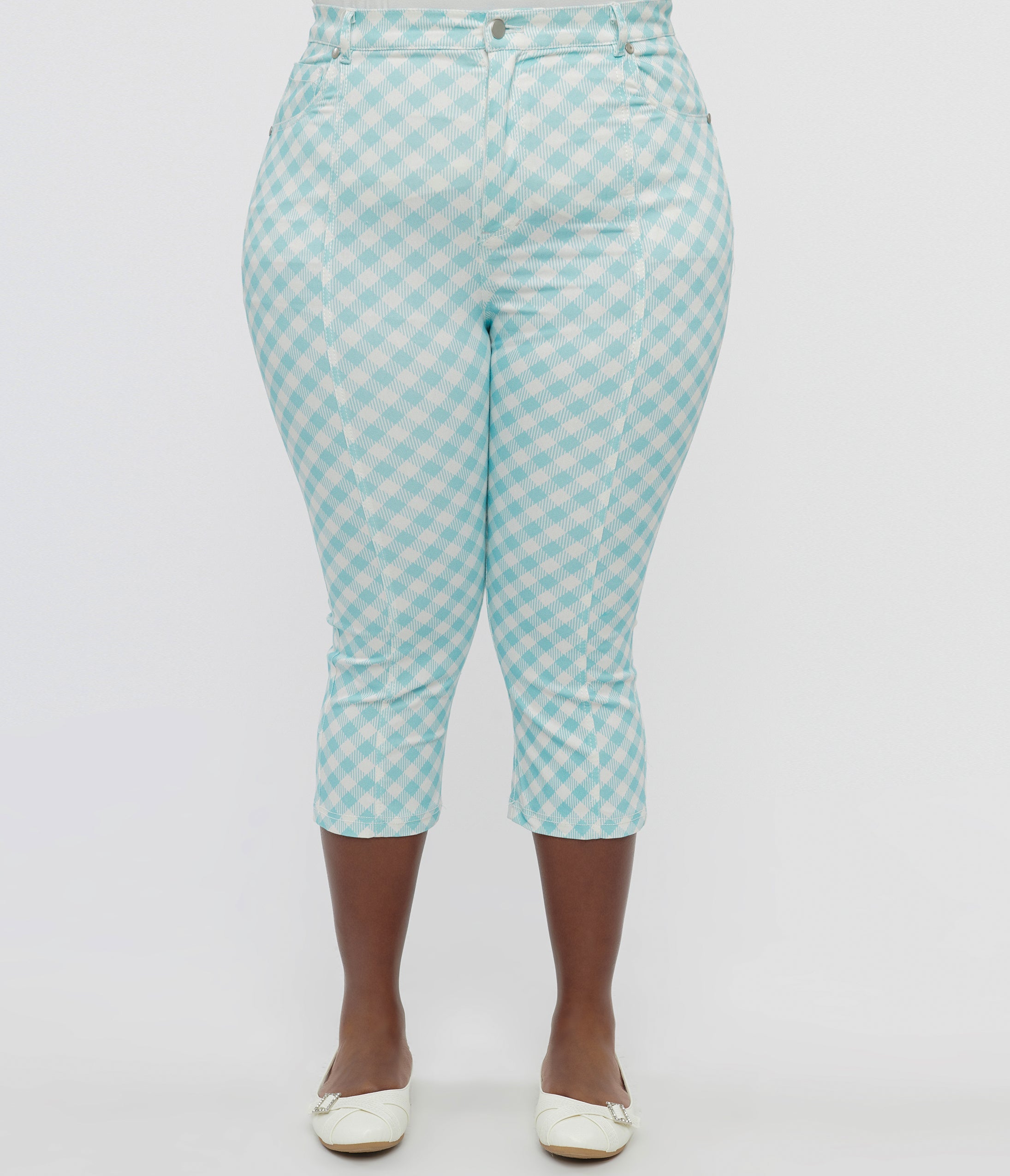 Smak Parlour Plus Size Light Blue & White Gingham Capri Pants for Women | Comfortable Summer Casual Wear | Perfect for Beach, Picnic & Outdoor Activities