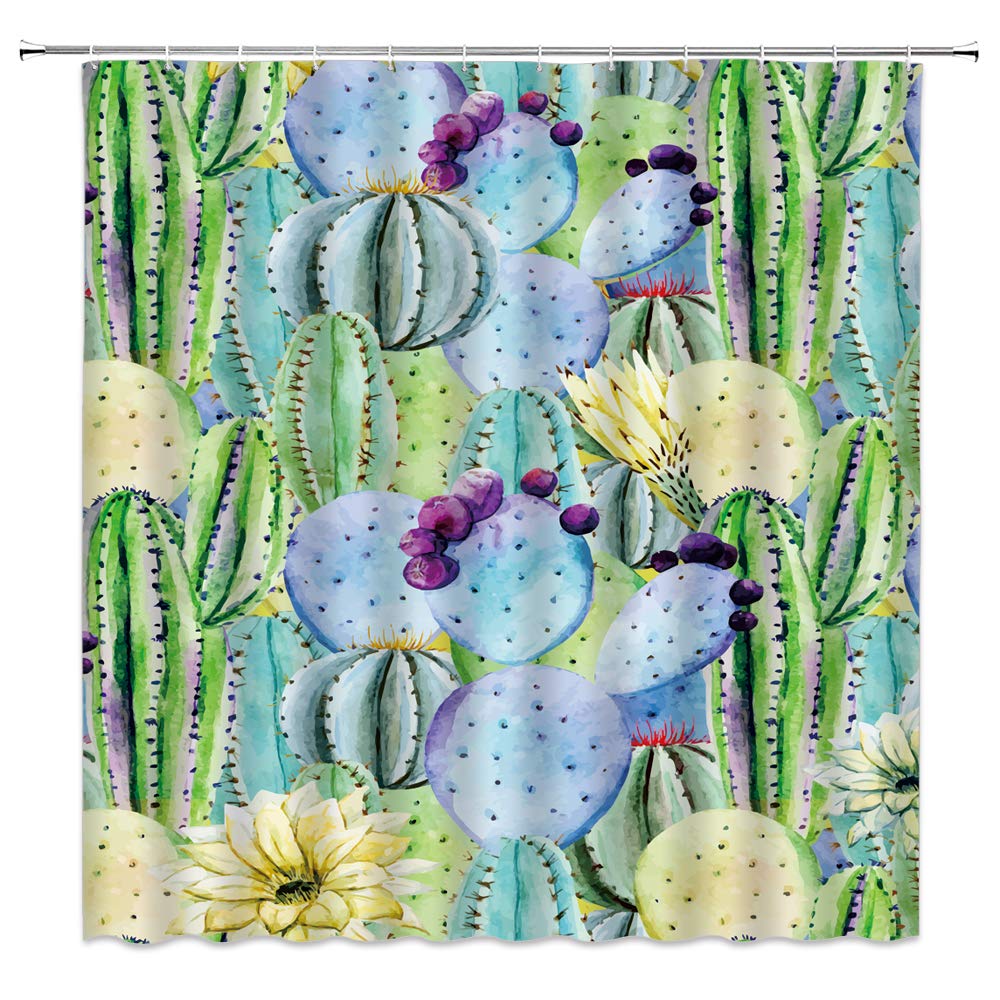 Vibrant Cactus Shower Curtain - Tropical Desert Plants Watercolor Design, Colorful Succulents & Moon Motif, 100% Polyester Bath Curtain with Hooks | Perfect for Boho, Desert & Tropical Bathroom Decor