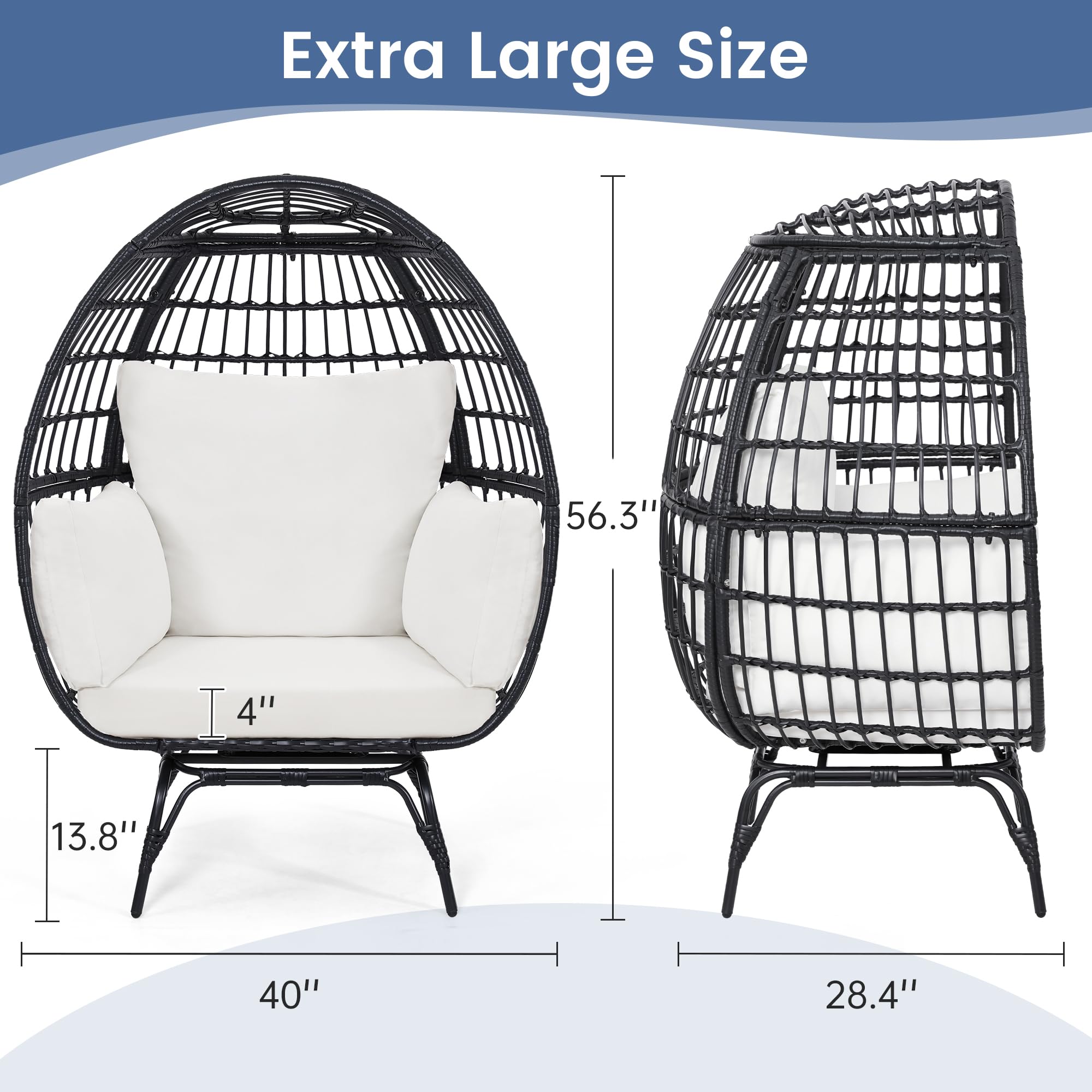360° Swivel Rattan Egg Chair for Adults - Oversized Indoor/Outdoor Wicker Hanging Chair with Beige Cushions - Perfect for Patio, Garden, Living Room & Balcony Relaxation - Black Rattan Egg-Shaped Lounge Chair with Thick Comfortable Cushions