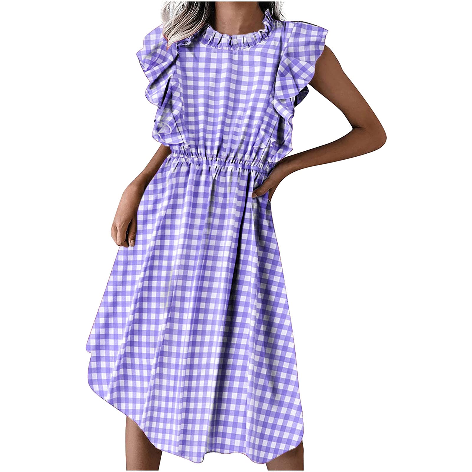 Women's Casual Summer Plaid Print Sleeveless O-Neck Knee-Length Dress - Beach Cover Up, Vacation Outfit & Mother's Day Gift 2022 | Perfect for Outdoor Parties, Date Nights & Summer Travel