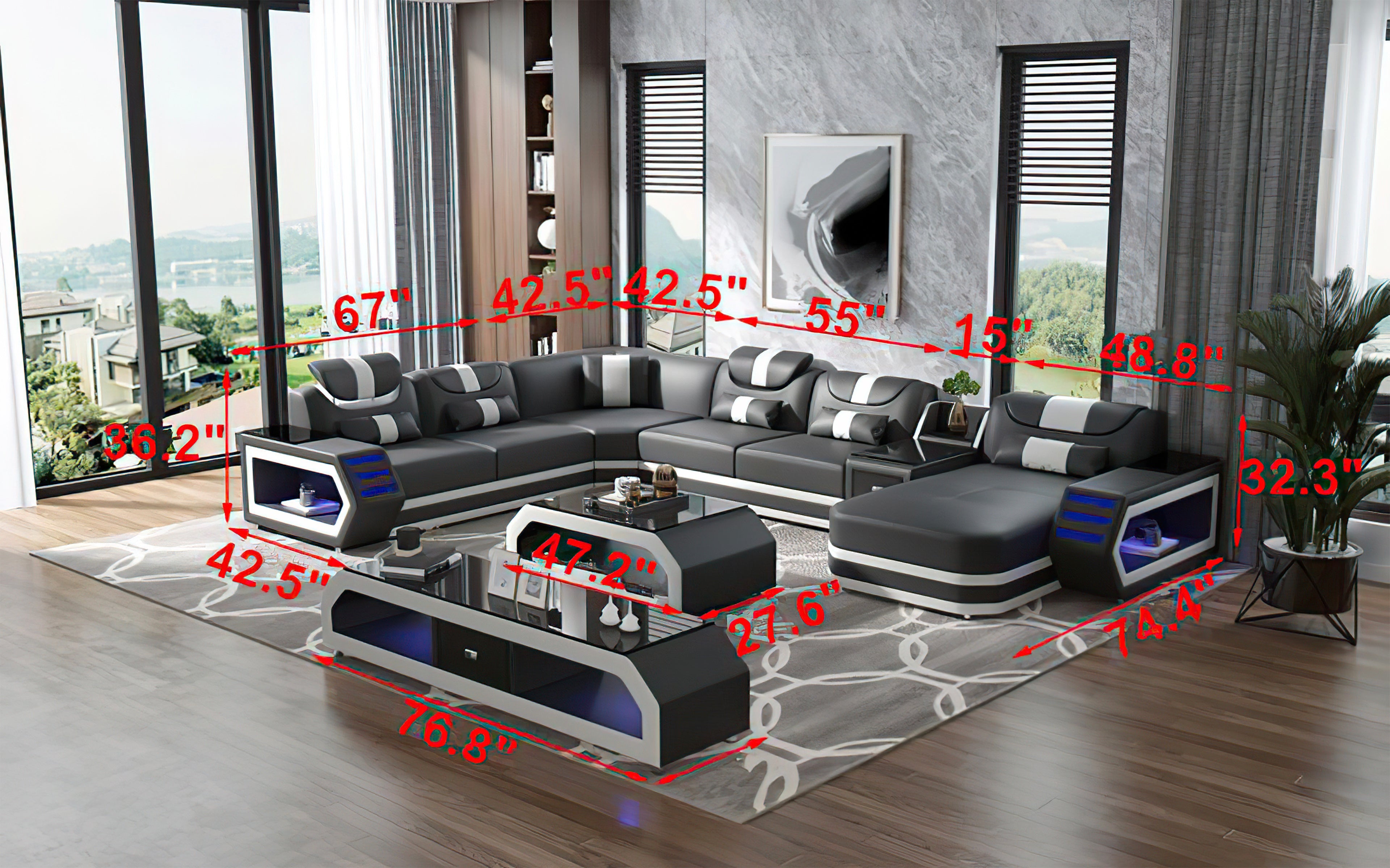Modern Leather Sectional Sofa with Built-in LED Lighting - Stylish and Comfortable for Living Room, Lounge, or Home Theater