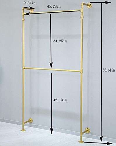 Industrial Pipe Clothes Rack - Heavy Duty Wall Mounted Black Iron Garment Hanging Rod for Closet, Wardrobe & Laundry Room Storage - Multi-Purpose Rustic Pipe Shelf for Coats, Jackets & Drying Clothes (Gold Finish) - Perfect for Home, Apartment & Commercial Use