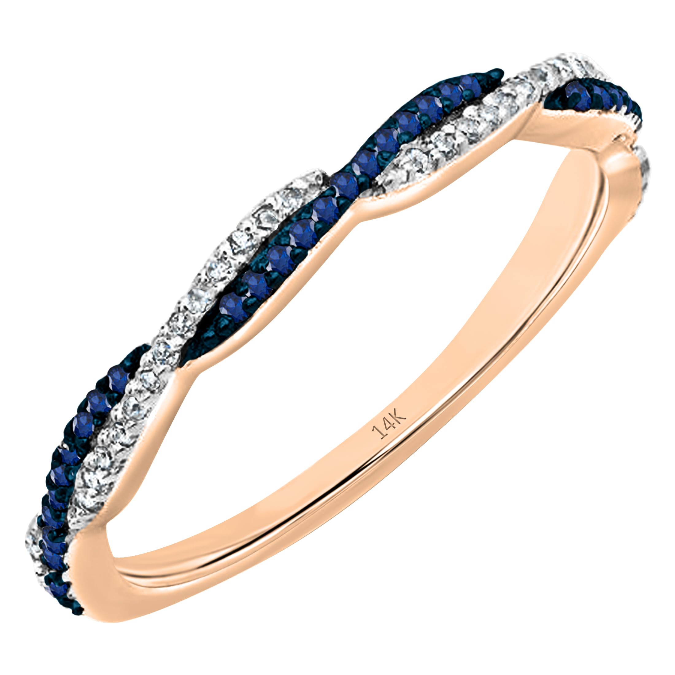 14K Solid Gold Round Blue Sapphire & White Diamond Swirl Stackable Ring for Women | Dazzlingrock Collection | Perfect for Weddings, Anniversaries & Special Occasions